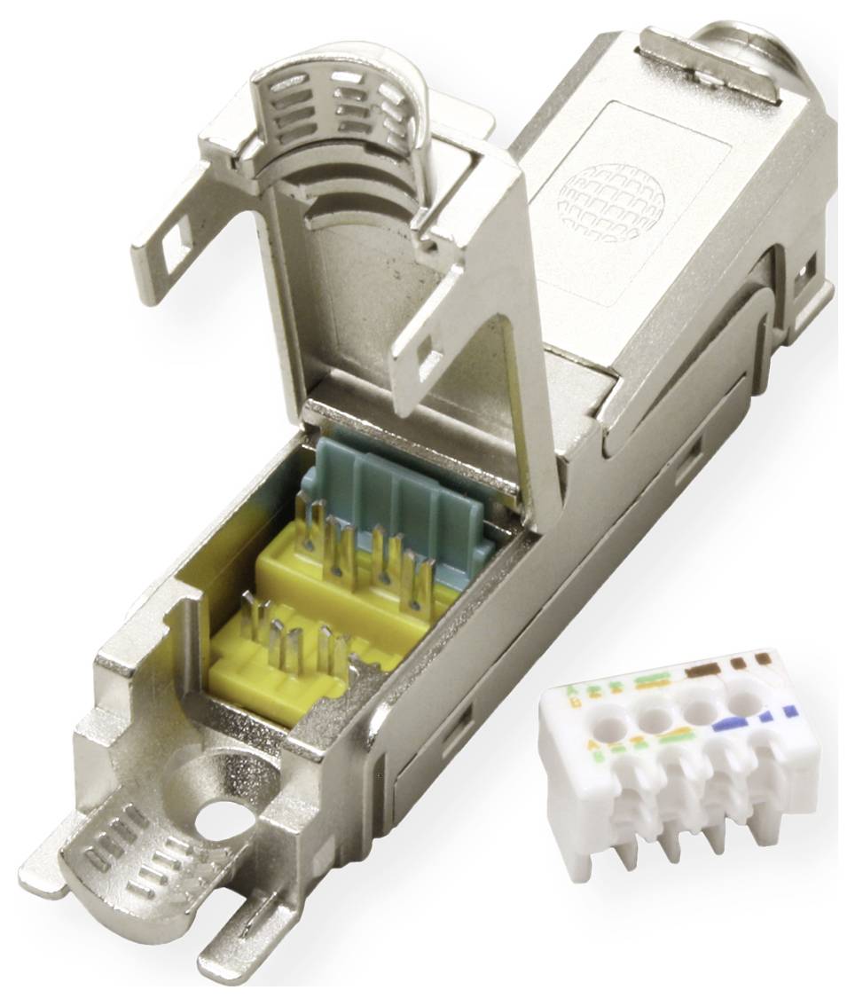 Ein offener Metall-RJ45-Stecker mit sichtbaren farbigen Leitungen, neben einem separaten Stück, das Anschlüsse für die individuelle Drahtplatzierung zeigt.