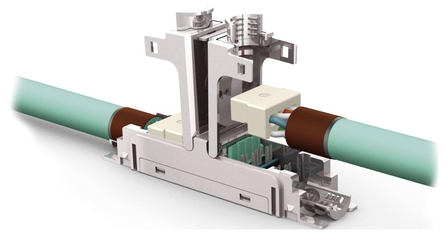 Eine Querschnittsansicht eines optischen Faserspleißschutzes, mit zwei miteinander verbundenen optischen Fasern, die die internen Komponenten zum Schutz zeigt.