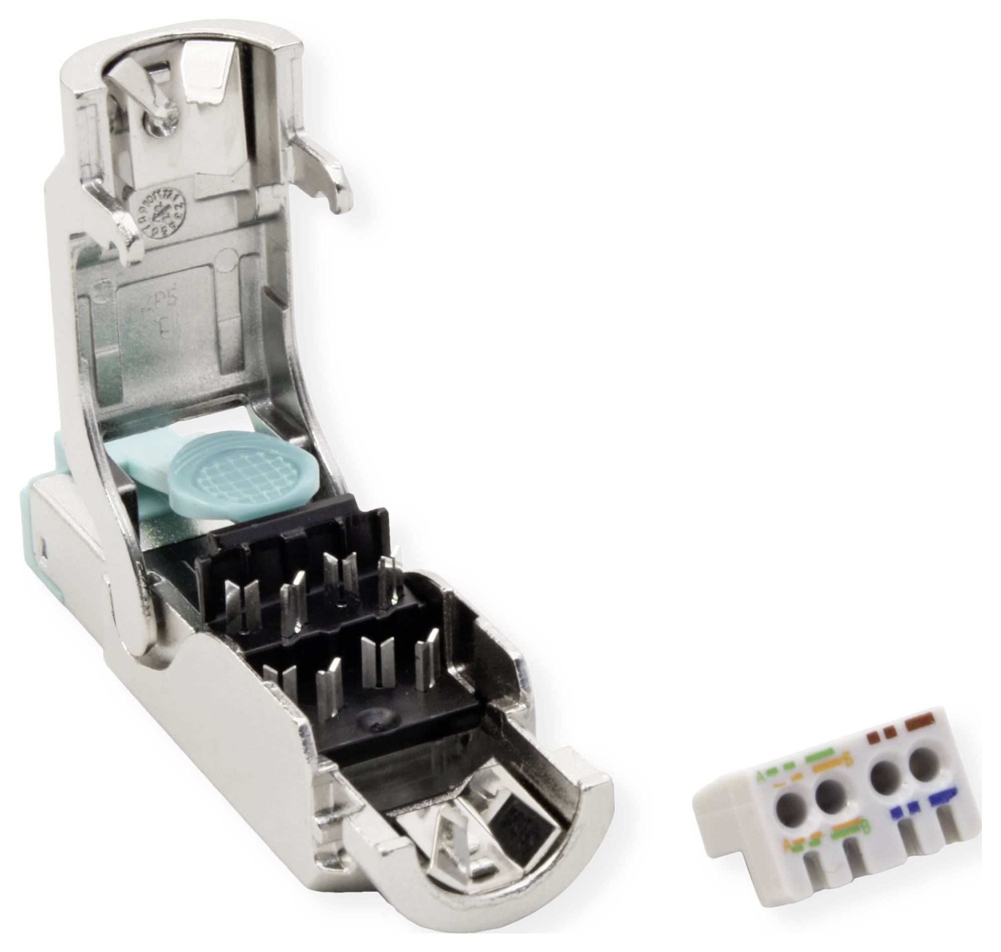 Ein offener RJ45-Ethernet-Anschluss mit freiliegenden Pins und einem separaten weißen Anschlussblock, der für Netzwerkkabelverbindungen verwendet wird.