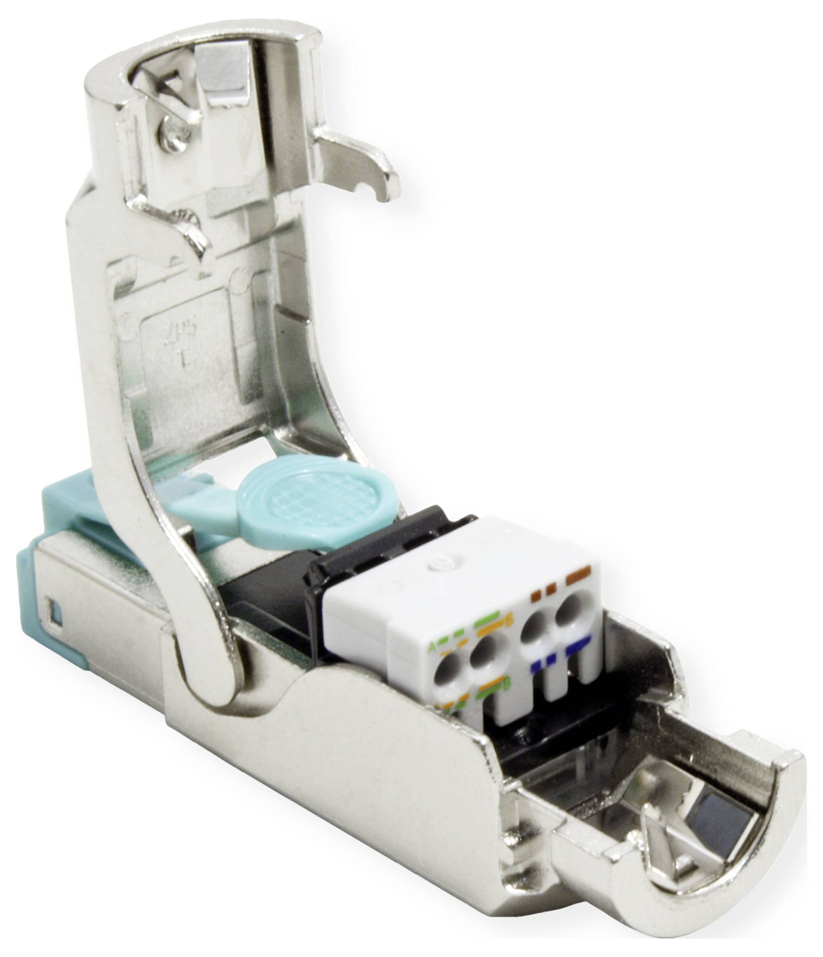 Ein metallummantelter Netzwerkkabelanschluss mit offener Gehäusestruktur legt die internen Leitungen und Anschlüsse frei und hebt die Komponenten der Konnektivität hervor.