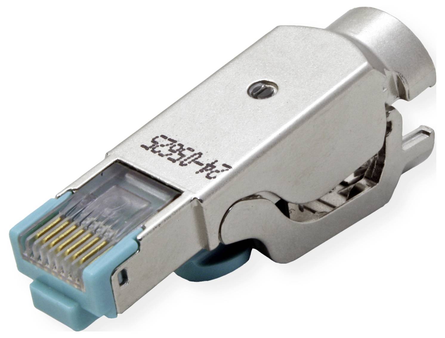 Ein RJ45-Stecker mit Metallschirm, der für Ethernet-Netzwerke verwendet wird und entwickelt wurde, um elektromagnetische Interferenzen zu reduzieren und die Haltbarkeit zu verbessern.