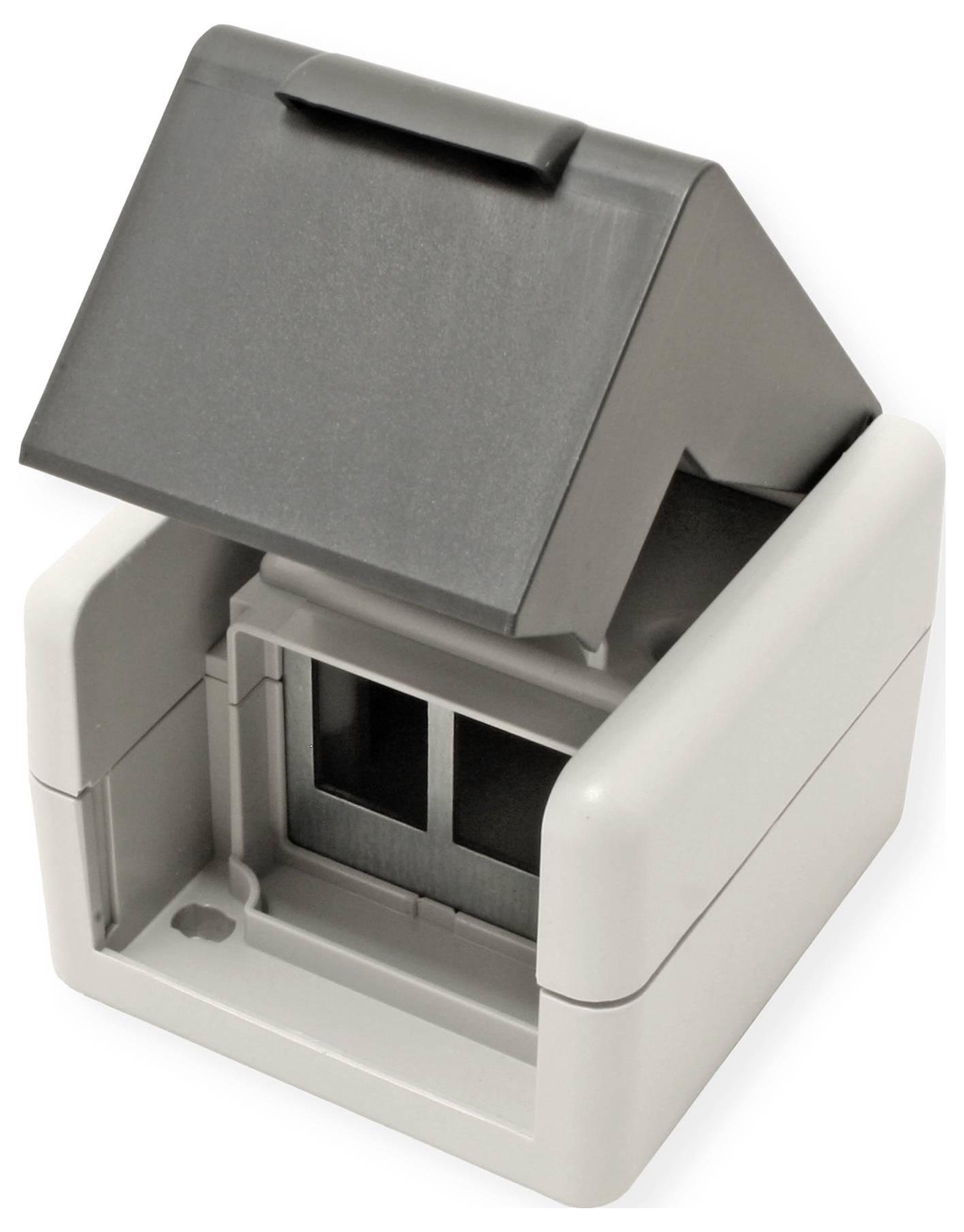 Eine graue, dachähnliche Kunststoffabdeckung mit offener Vorderseite und geneigter Oberseite, die einem kleinen Haus ähnelt. Dient zum Schutz von Außensteckdosen.