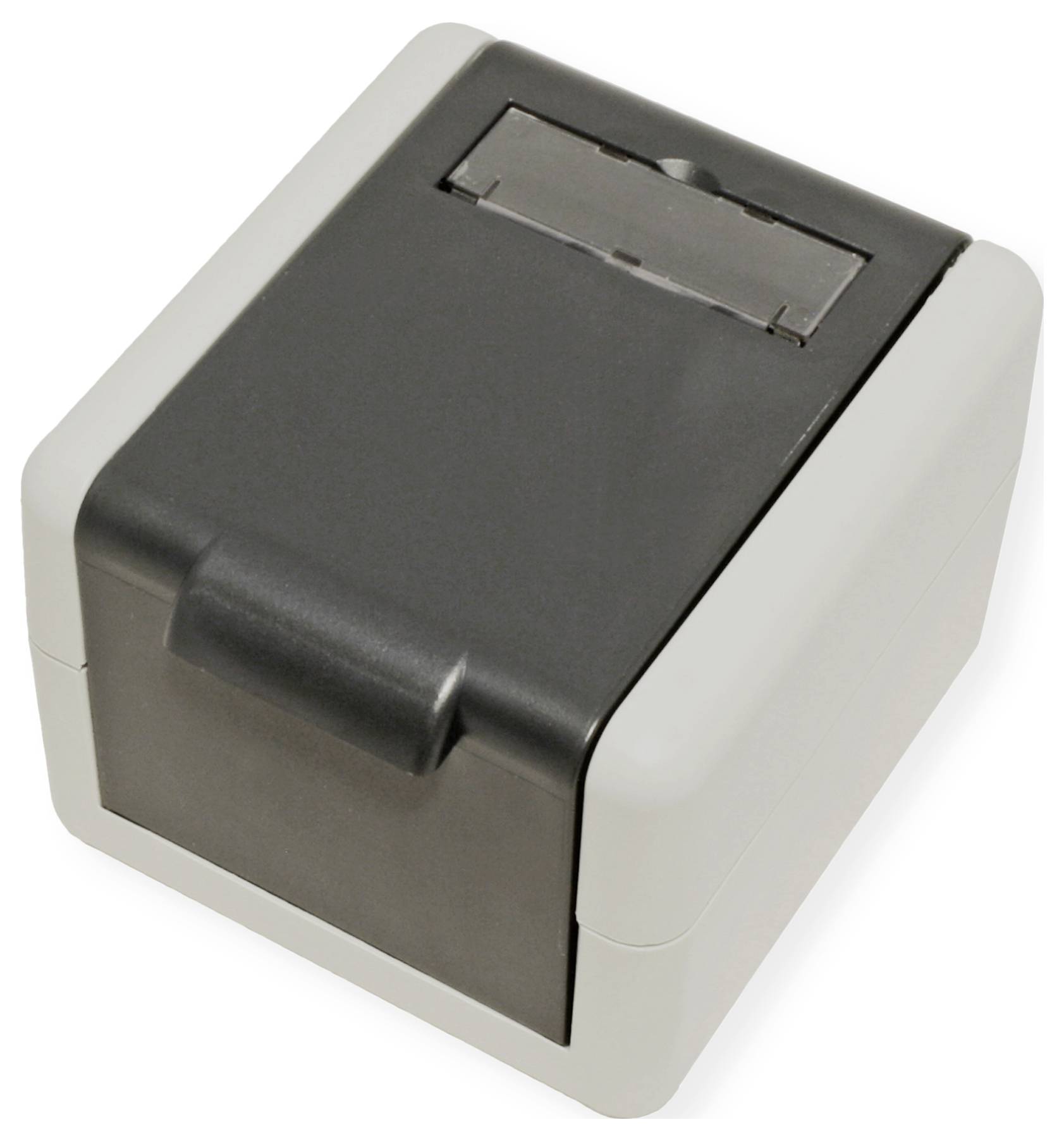 Ein kleiner, grau-schwarzer Tisch-Thermodrucker mit kompaktem Design und einem Papiereinschub an der Oberseite.