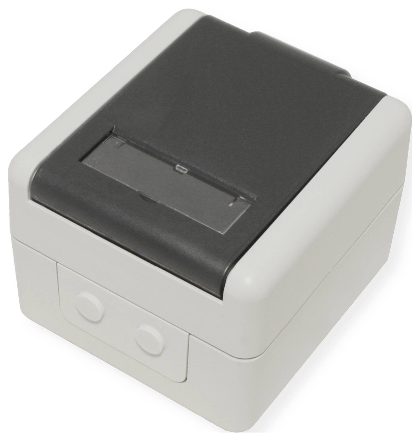 Ein kleiner, rechteckiger Thermodrucker mit einem dunklen Oberteil und einer hellen Basis. Der Drucker verfügt über einen Papiereinschub oben und zwei Tasten an der Vorderseite.