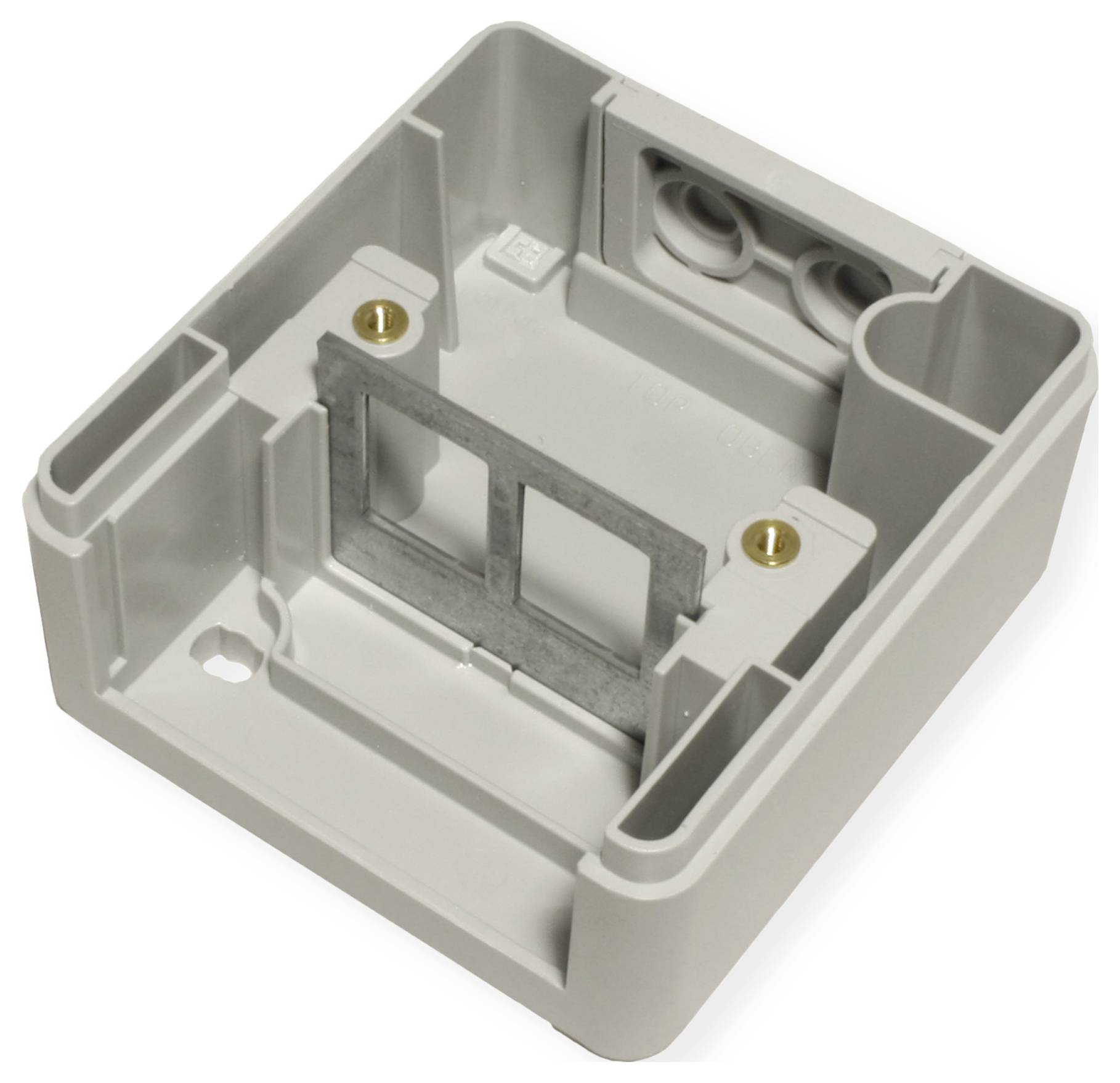 Weiße Kunststoff-Abzweigdose mit zwei kreisrunden Anschlüssen, einer Metallbefestigungsplatte und Schraubenlöchern. Wird zur Unterbringung elektrischer Verbindungen verwendet.