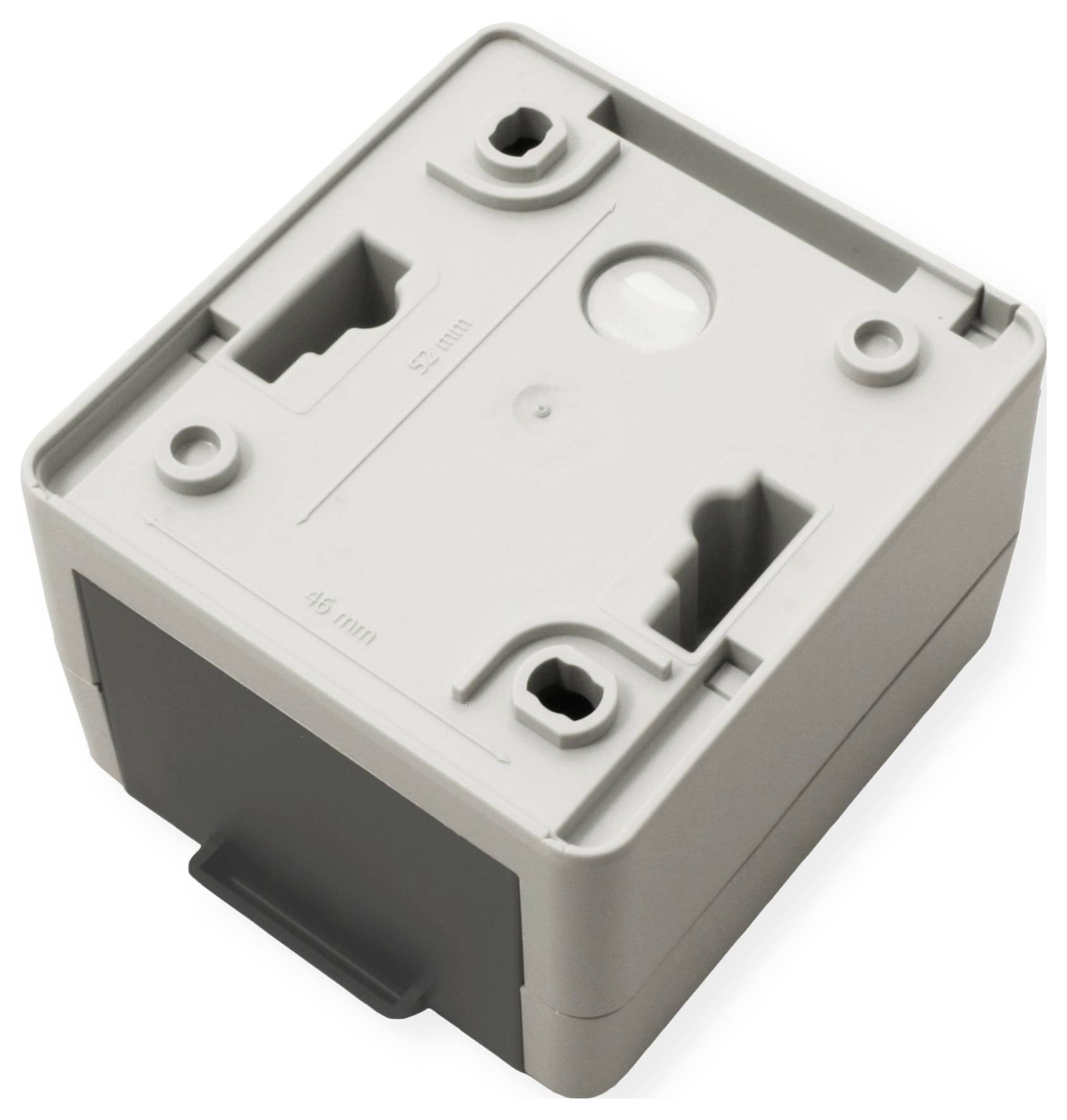 Eine beige rechteckige elektrische Abzweigdose mit einem Deckel, ausgestattet mit zwei Befestigungslöchern und Kabeleintrittsöffnungen.