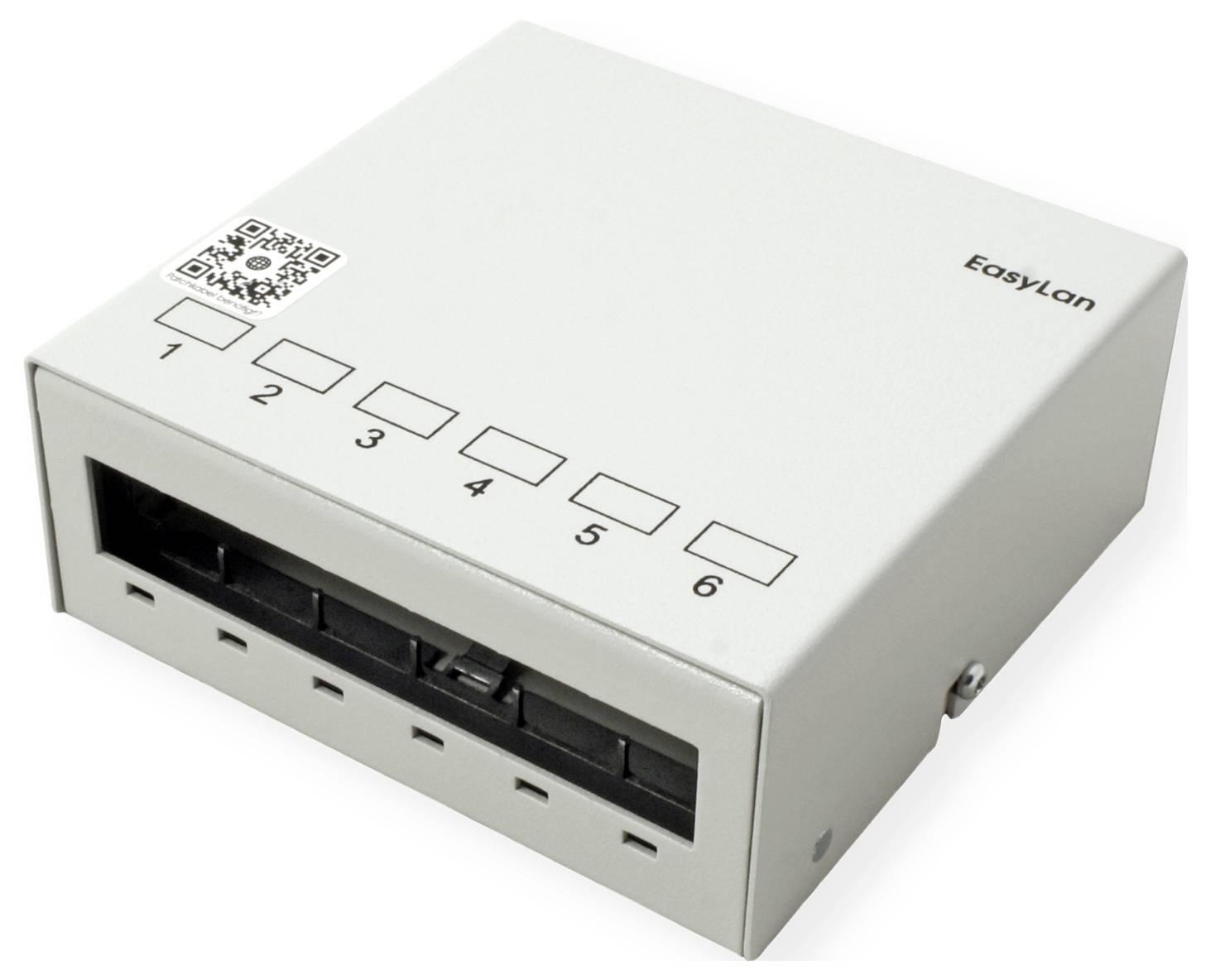Ein grauer elektronischer Apparat mit der Bezeichnung 'EasyLan', der auf der Oberseite sechs nummerierte Schalter und einen QR-Code aufweist, der vermutlich für Netzwerkzwecke verwendet wird.