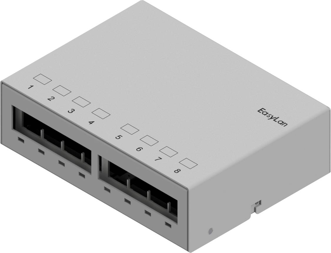 Ein kompakter Netzwerk-Switch mit der Bezeichnung 'EasyLan', der auf dem Frontpanel acht Ports mit den Nummern 1 bis 8 aufweist.