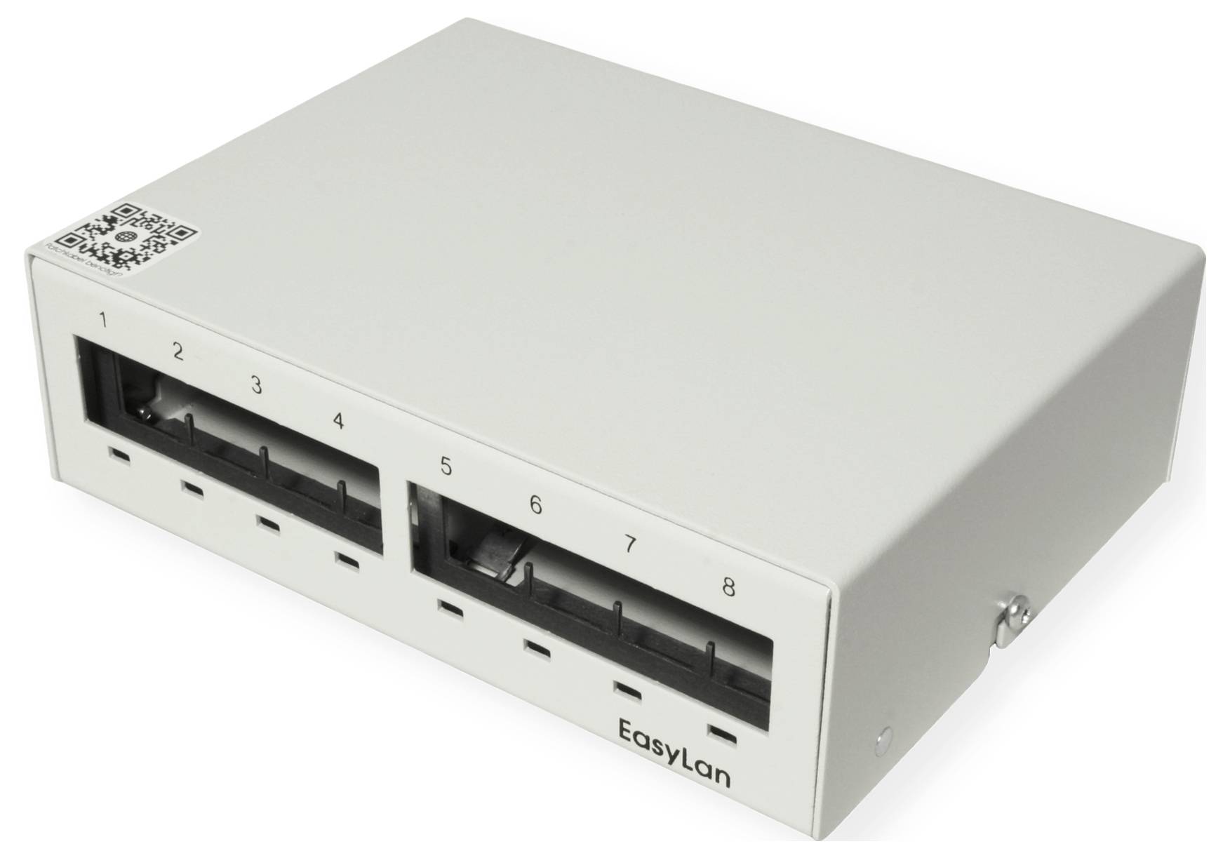 Ein weißes EasyLan-Netzwerkgerät verfügt über acht Anschlüsse, von 1 bis 8 beschriftet, in zwei Reihen für die Konnektivität, mit einem QR-Code in der oberen Ecke.
