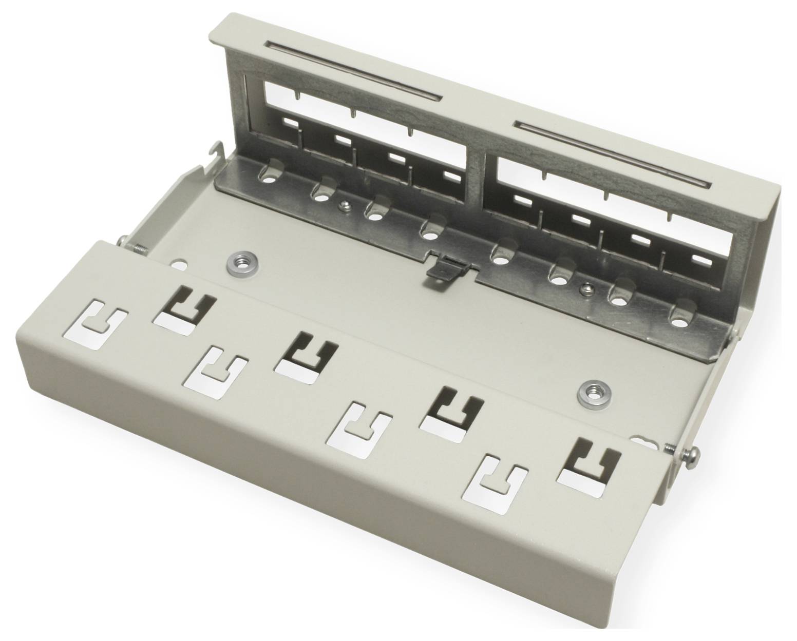 Eine Metallwandhalterung, die zur Organisation und Befestigung von Netzwerkgeräten verwendet wird, mit mehreren Schlitzen zur Kabelverwaltung und Installation.