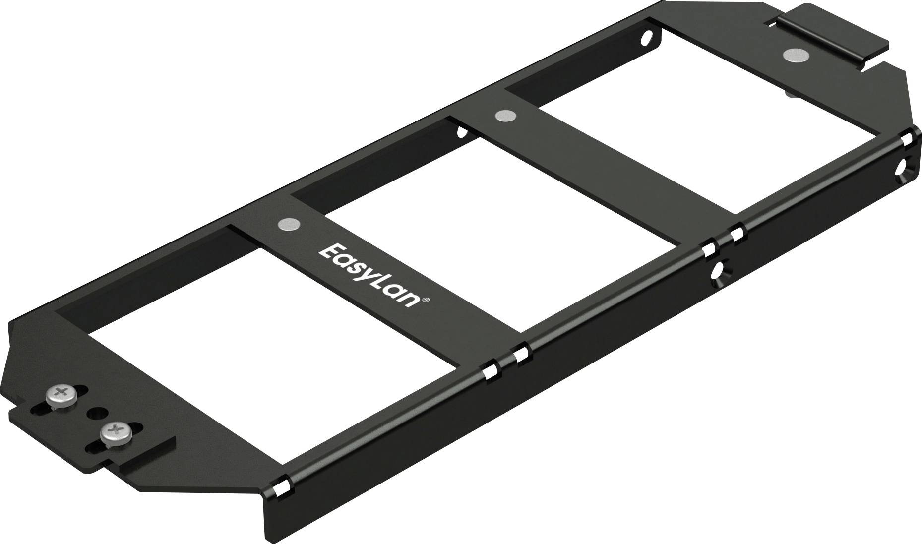Eine schwarze Metall-EasyLan-Montageklammer mit drei rechteckigen Schlitzen zum Halten von Netzwerkkomponenten.