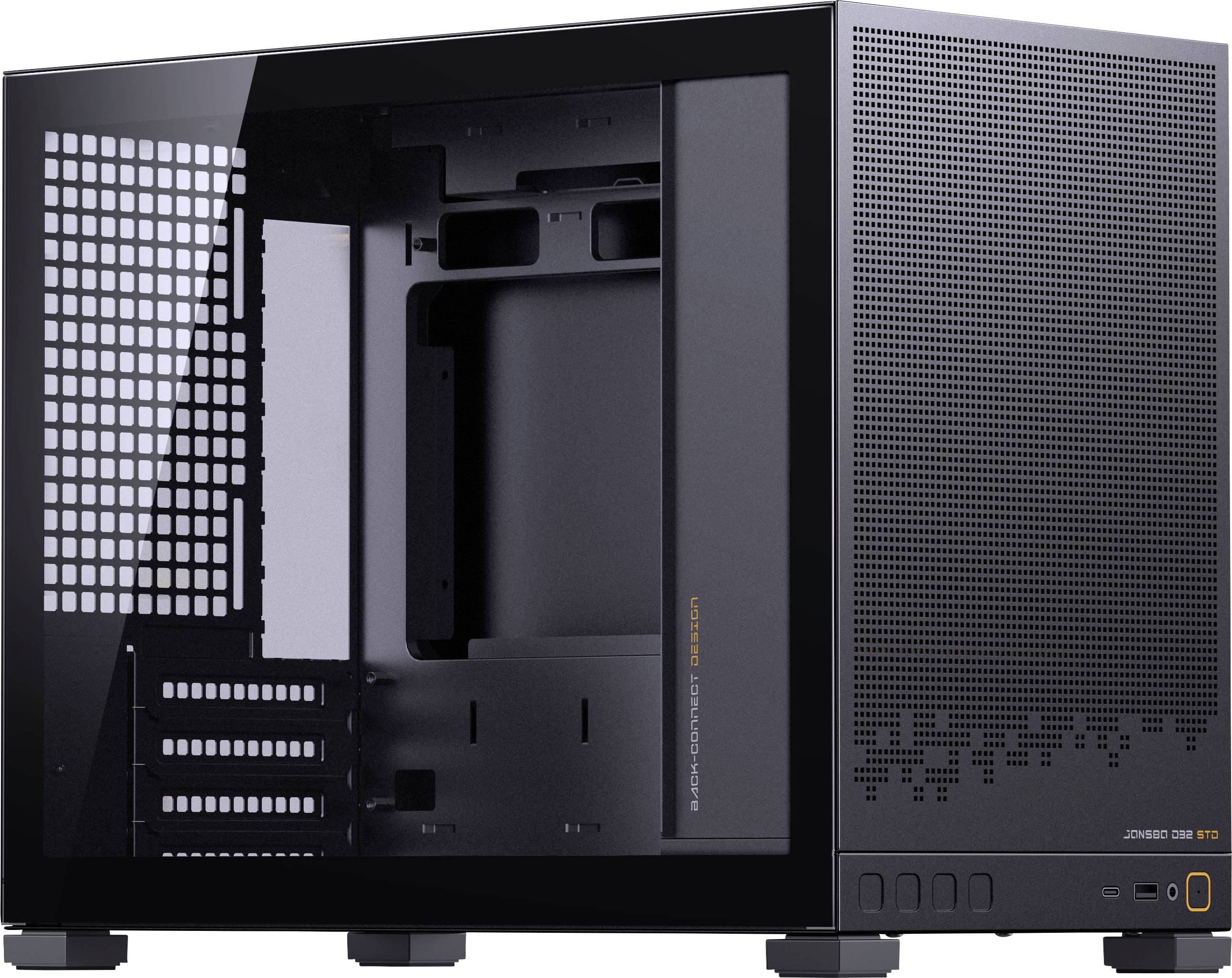 Computergehäuse mit Lüftungsgitter, transparentem Seitenpanel und internen Einschüben für Hardwareinstallation.