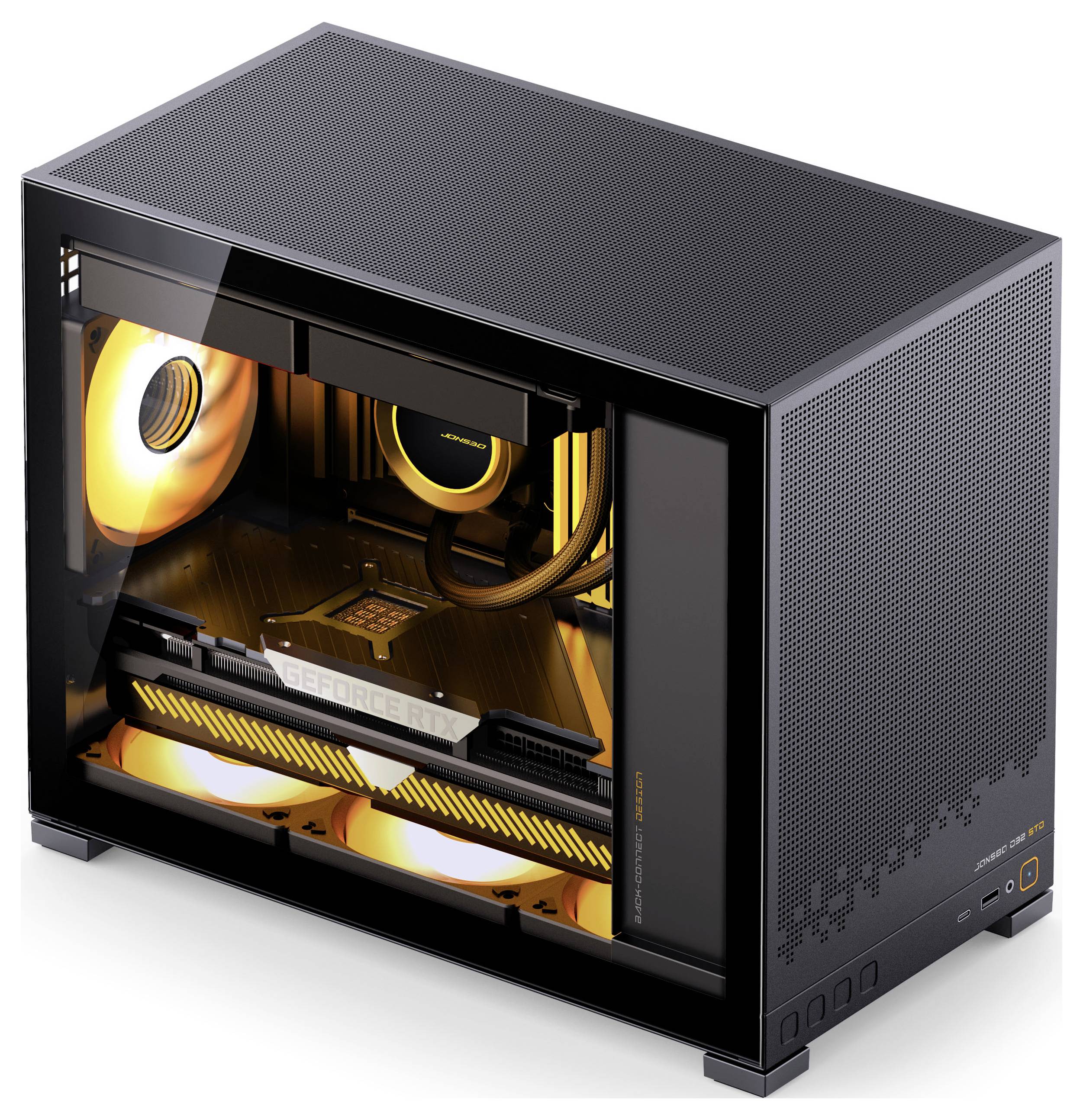 Ein schwarzes Computergehäuse mit transparenter Seitenscheibe gibt die Innenkomponenten frei, die hell mit orangefarbenen LEDs beleuchtet sind und ein 'GeForce RTX' Logo tragen.