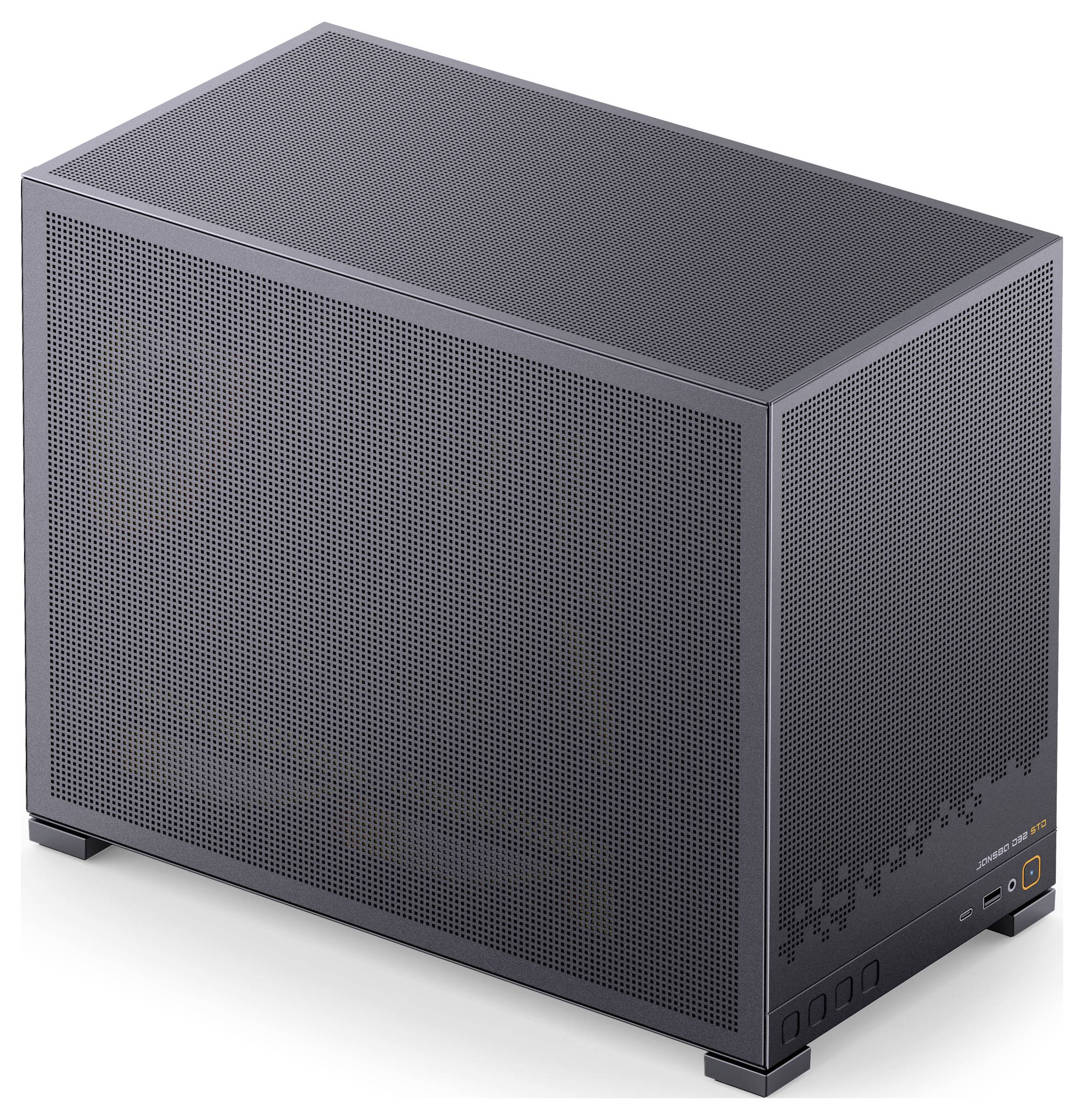 Ein schwarzes Computergehäuse mit einer Meshfront und Seitenpanel, ausgestattet mit einem Einschaltknopf und USB-Anschlüssen in der vorderen Ecke.