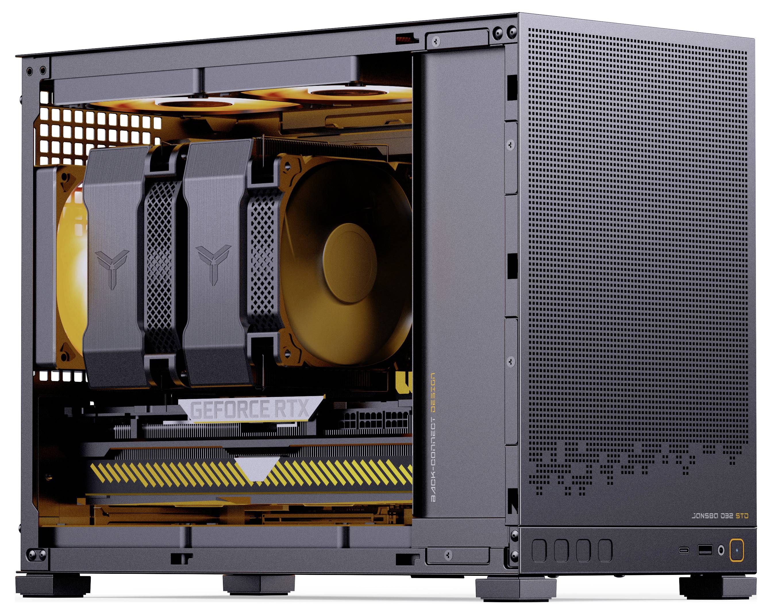 Seitenansicht eines schwarzen und orangefarbenen Desktop-Gaming-Computergehäuses mit sichtbaren Innenkomponenten, einschließlich einer GeForce RTX-Grafikkarte und Kühlventilatoren.