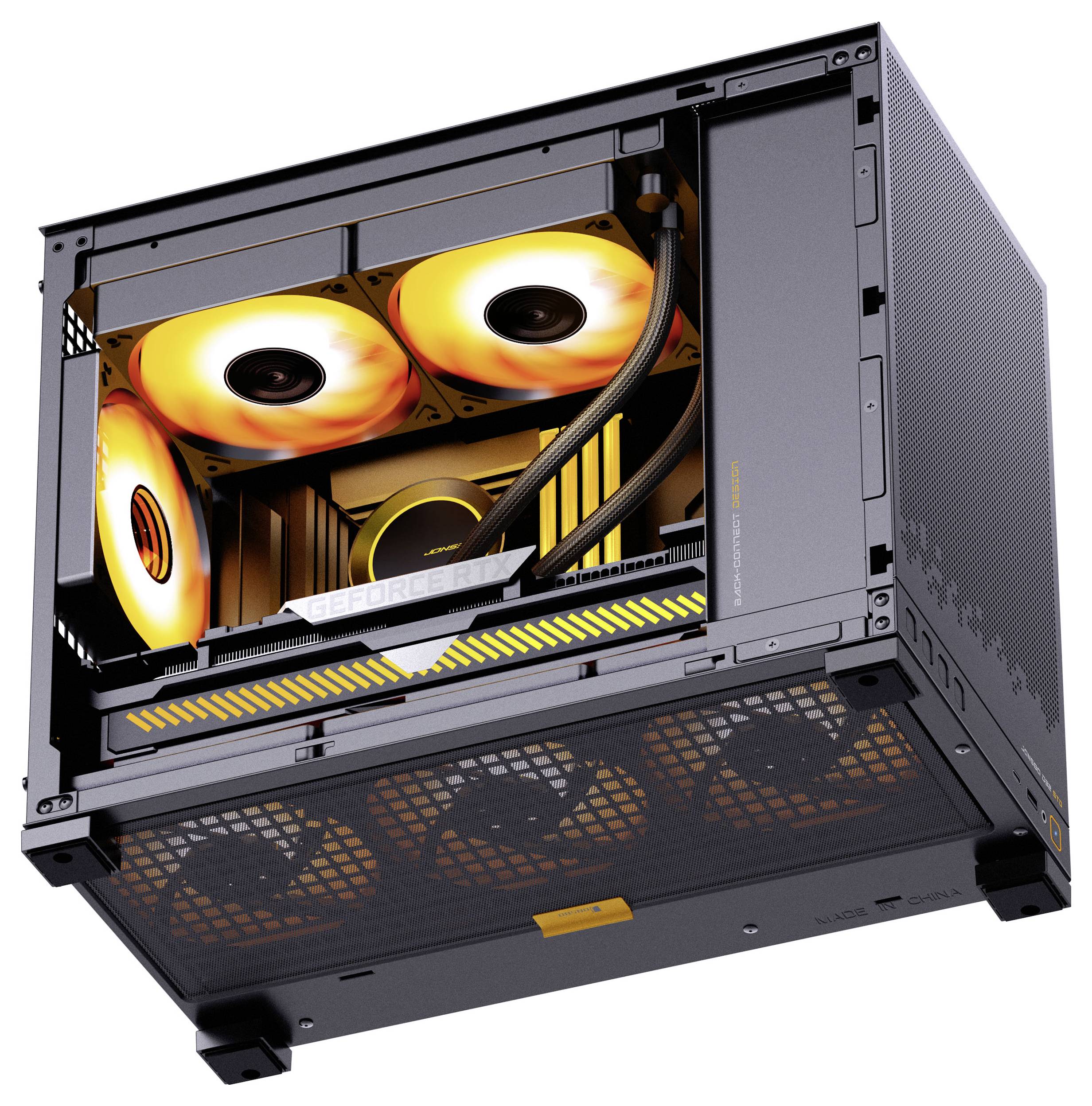 Ein Computer-Tower mit einer Glasseite zeigt drei beleuchtete Kühlventilatoren und ordentlich verlegte Kabel, was ein effizientes Kühldesign demonstriert.