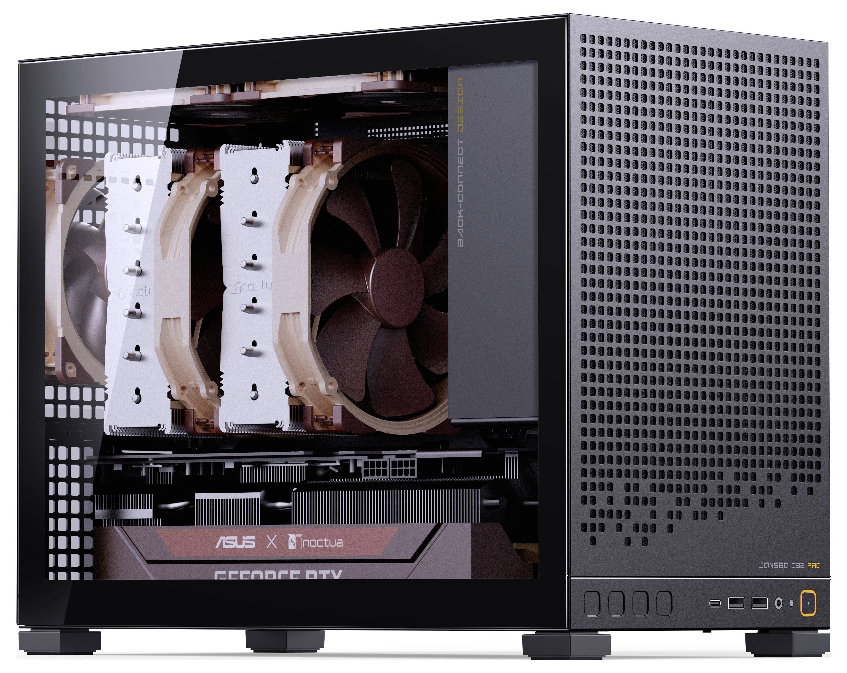 Ein Desktop-Computer mit einem durchsichtigen Seitenpanel zeigt interne Kühlventilatoren, ein ASUS- und Noctua-Mainboard sowie eine GeForce RTX-Grafikkarte.