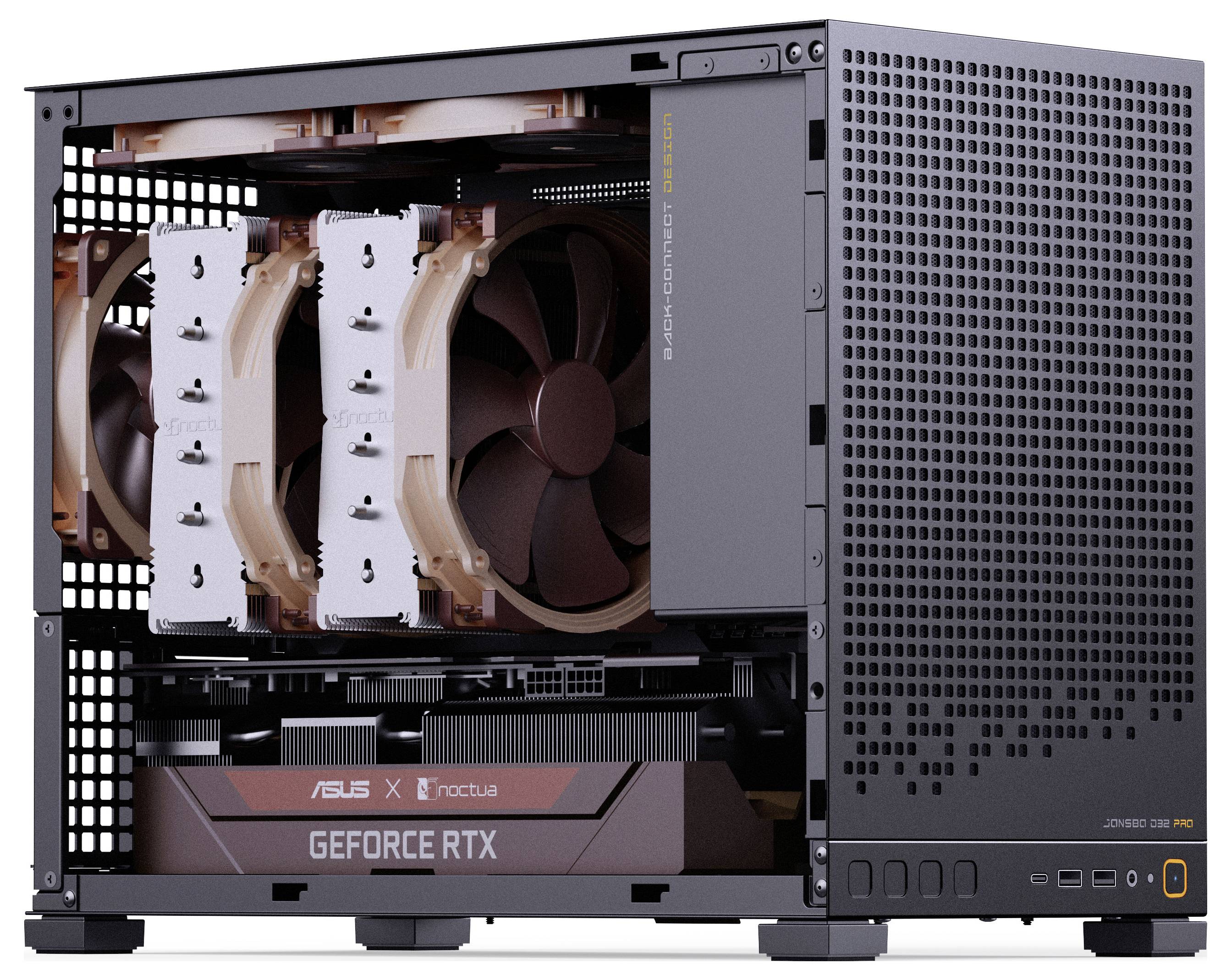 Kompaktes Gaming-PC-Gehäuse mit seitlichem Meshdesign, das einen großen Kühlventilator und eine NVIDIA GeForce RTX Grafikkarte beherbergt, mit einem klaren, minimalistischen Aussehen.