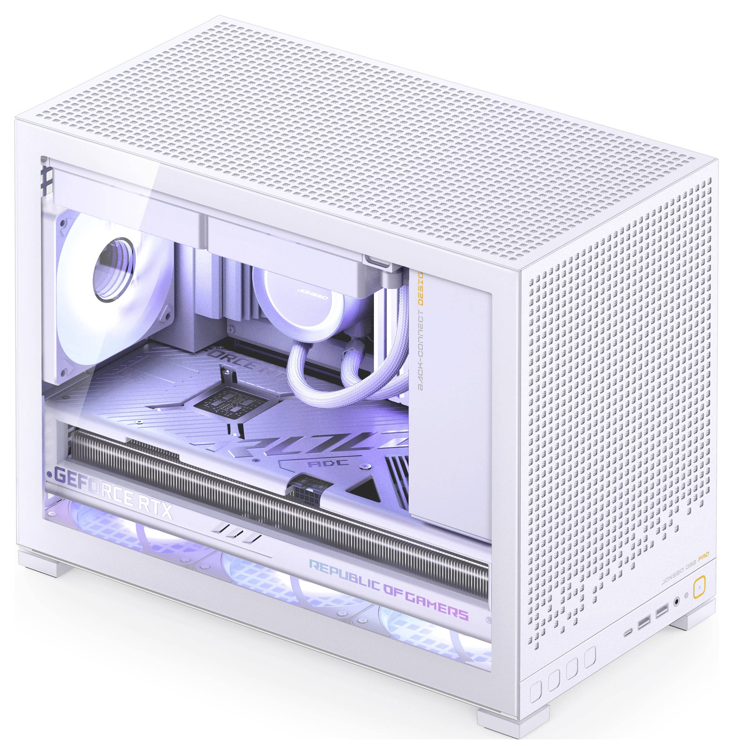 Ein weißer, kompakter Gaming-PC mit transparentem Seitenfenster, der die Innenkomponenten präsentiert, einschließlich einer RTX-Grafikkarte und RGB-Beleuchtung.