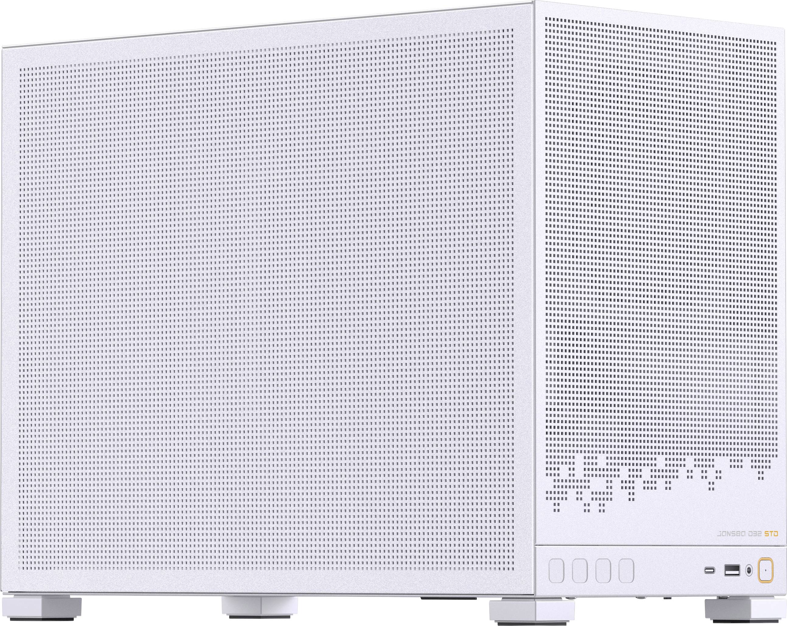 Ein weißes, rechteckiges elektronisches Gerät mit durchlochter Oberfläche, möglicherweise ein Lautsprecher oder ein Haushaltsgerät, in einer Perspektivansicht dargestellt.