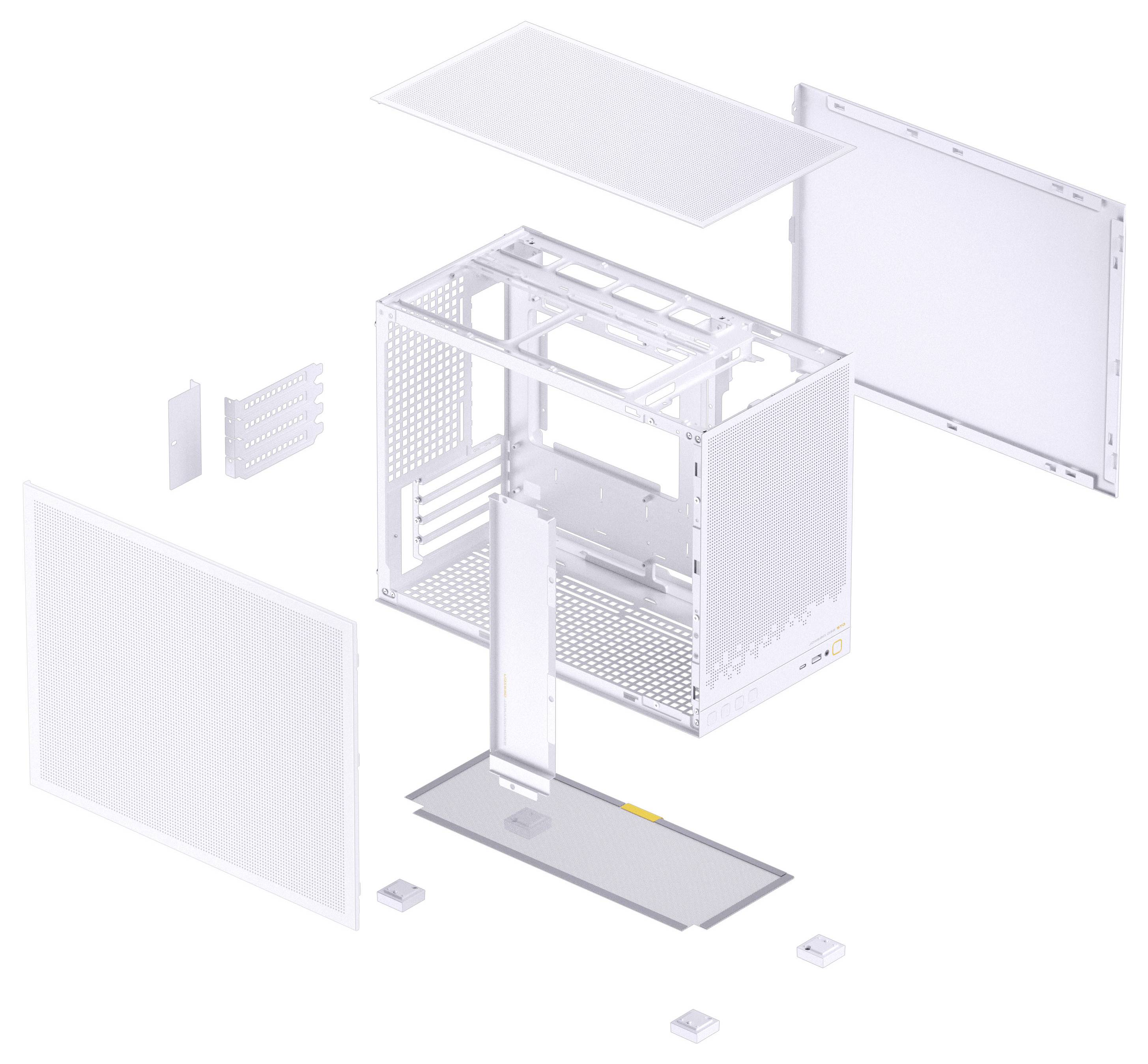 Eine Explosionszeichnung eines Computergehäuses, die Komponenten wie Seitenteile, Rahmen und Schrauben zeigt und die Montagsequenz veranschaulicht.
