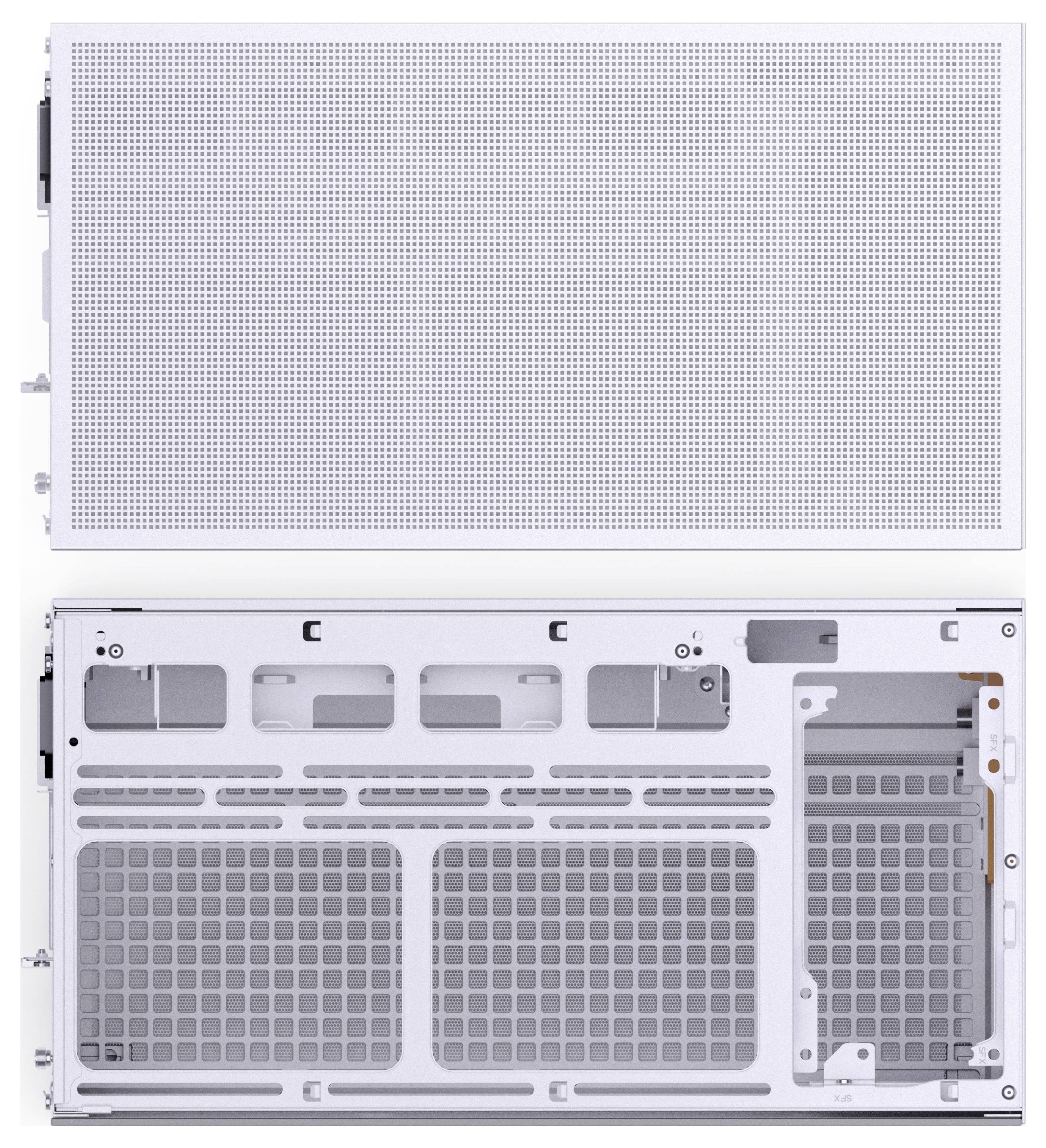 Obere und untere Ansicht eines Computergehäuses mit Lüftungsgittern; die Oberseite ist perforiert, während die Unterseite ein großes Gitterpanel aufweist.