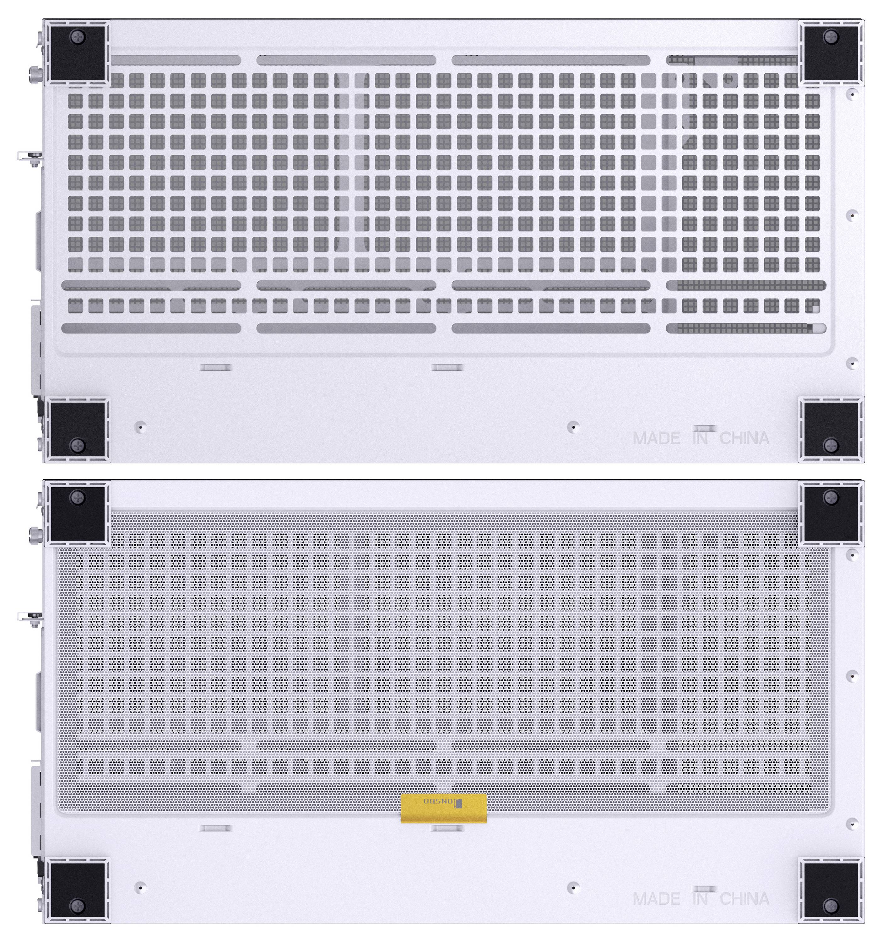 Zwei elektronische Einheiten mit gelochten Paneelen; die untere Einheit trägt ein gelbes Etikett. Beide sind mit 