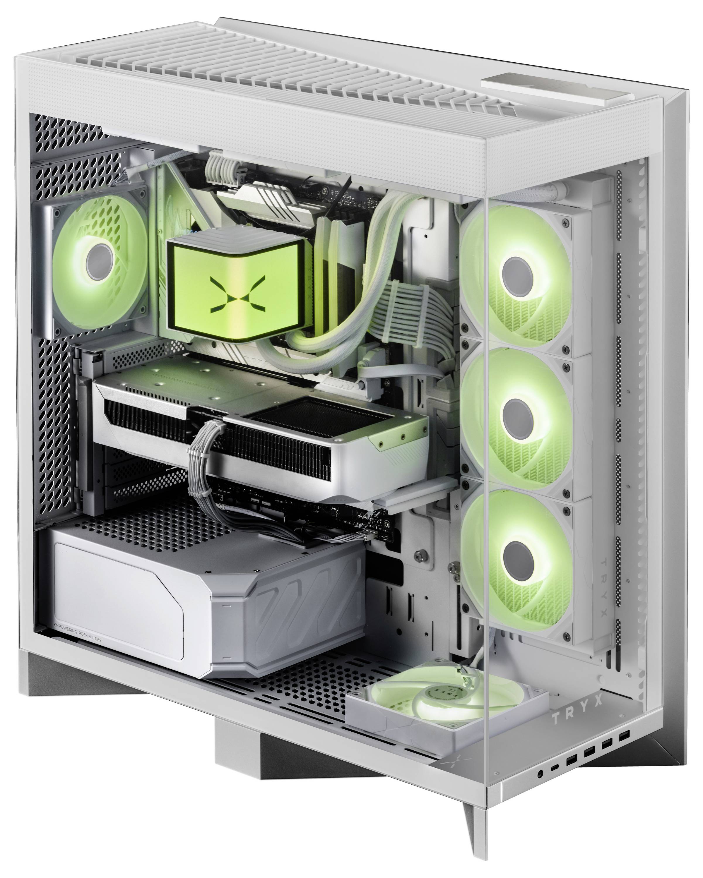 Ein moderner Desktop-Computer mit transparentem Gehäuse, das die internen Komponenten freilegt, einschließlich grün beleuchteter Lüfter, Kühlsystem und sorgfältig organisierter Kabel.