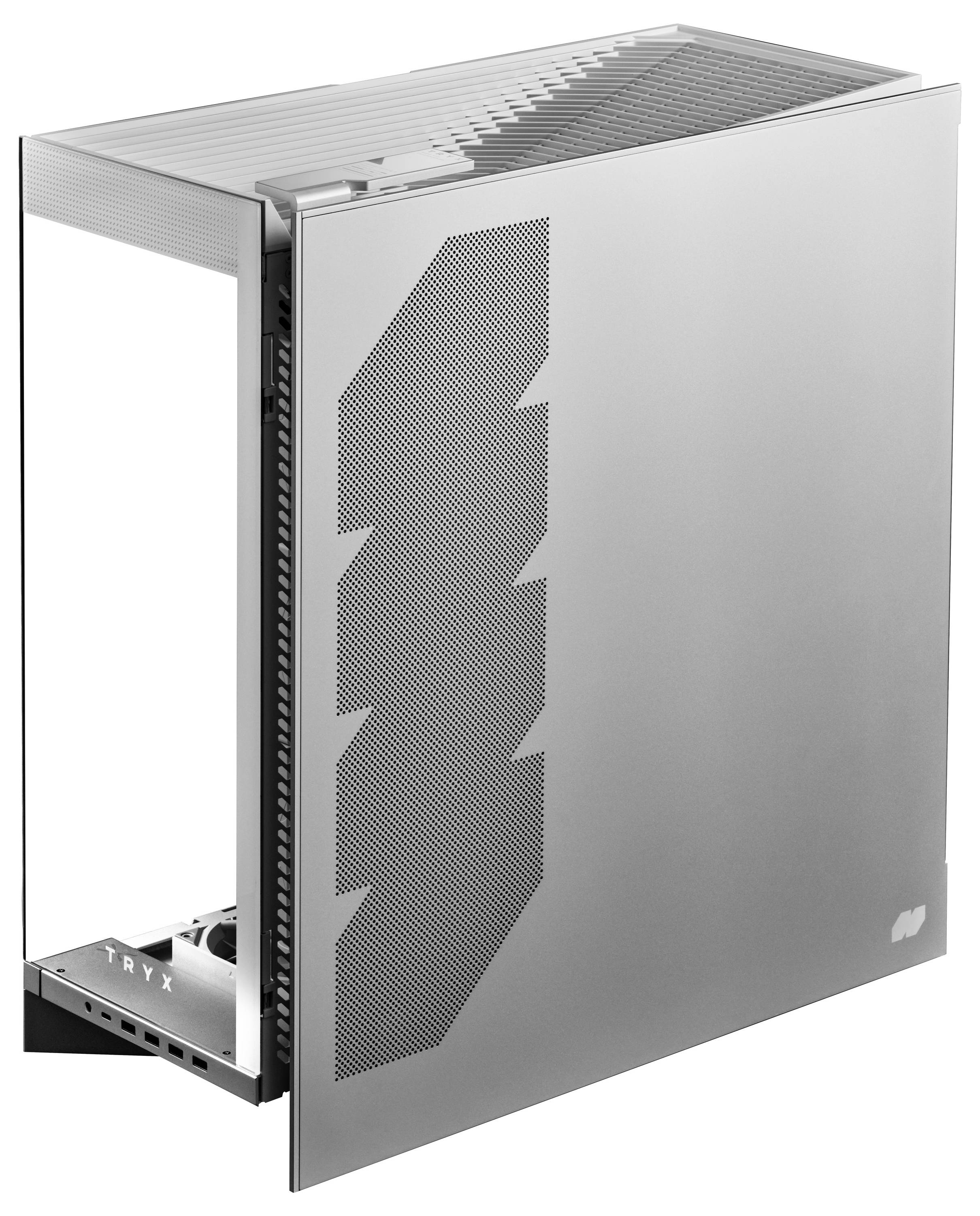 Ein schlanker silberner Computertower mit einem geometrischen Lüftungsmuster auf dem Seitenpanel, der ein modernes minimalistisches Design präsentiert.