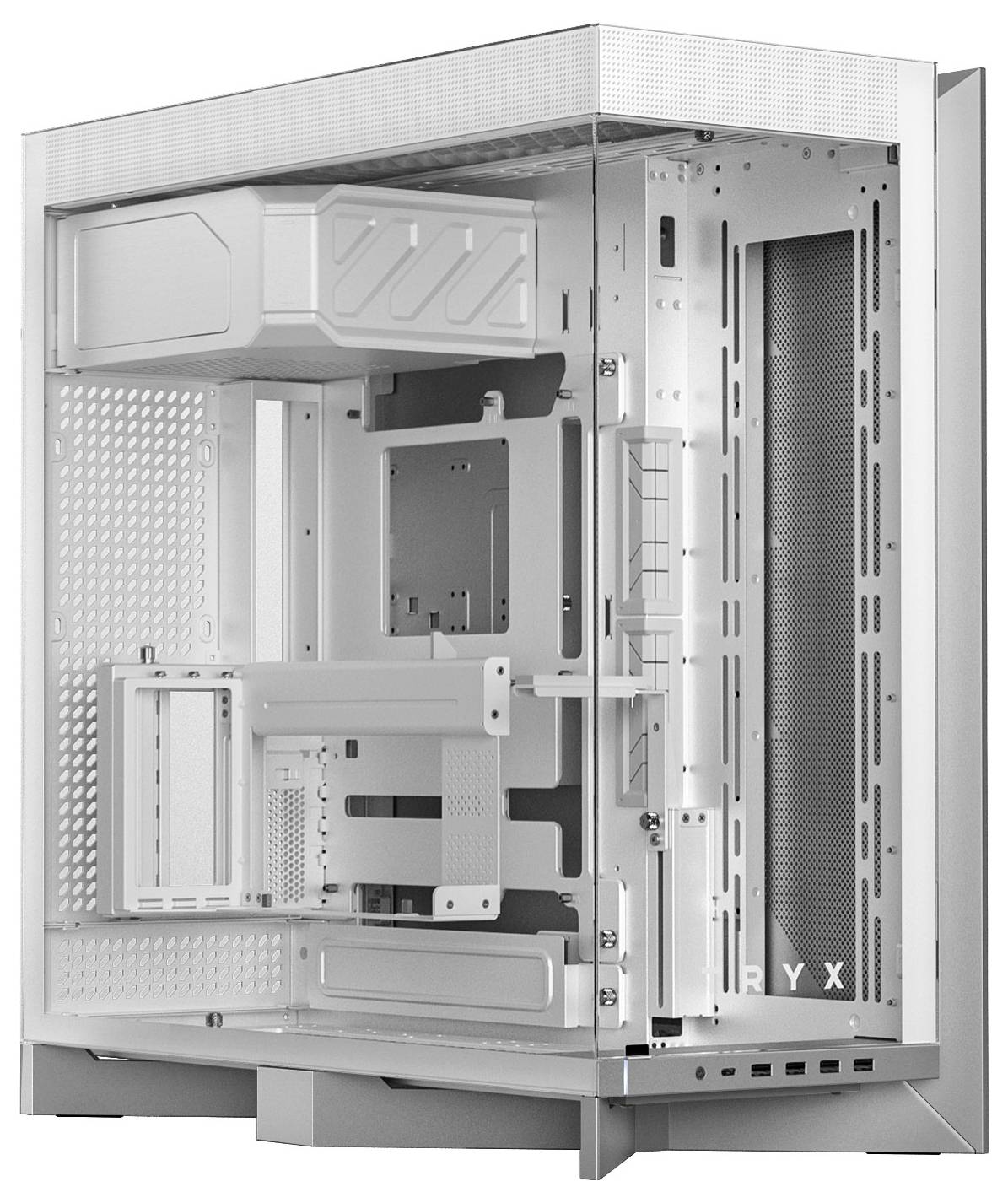 Ein weißes Computer-Tower-Gehäuse mit einer transparenten Seitenscheibe, die mehrere Schlitze und Fächer zur Hardware-Installation zeigt.