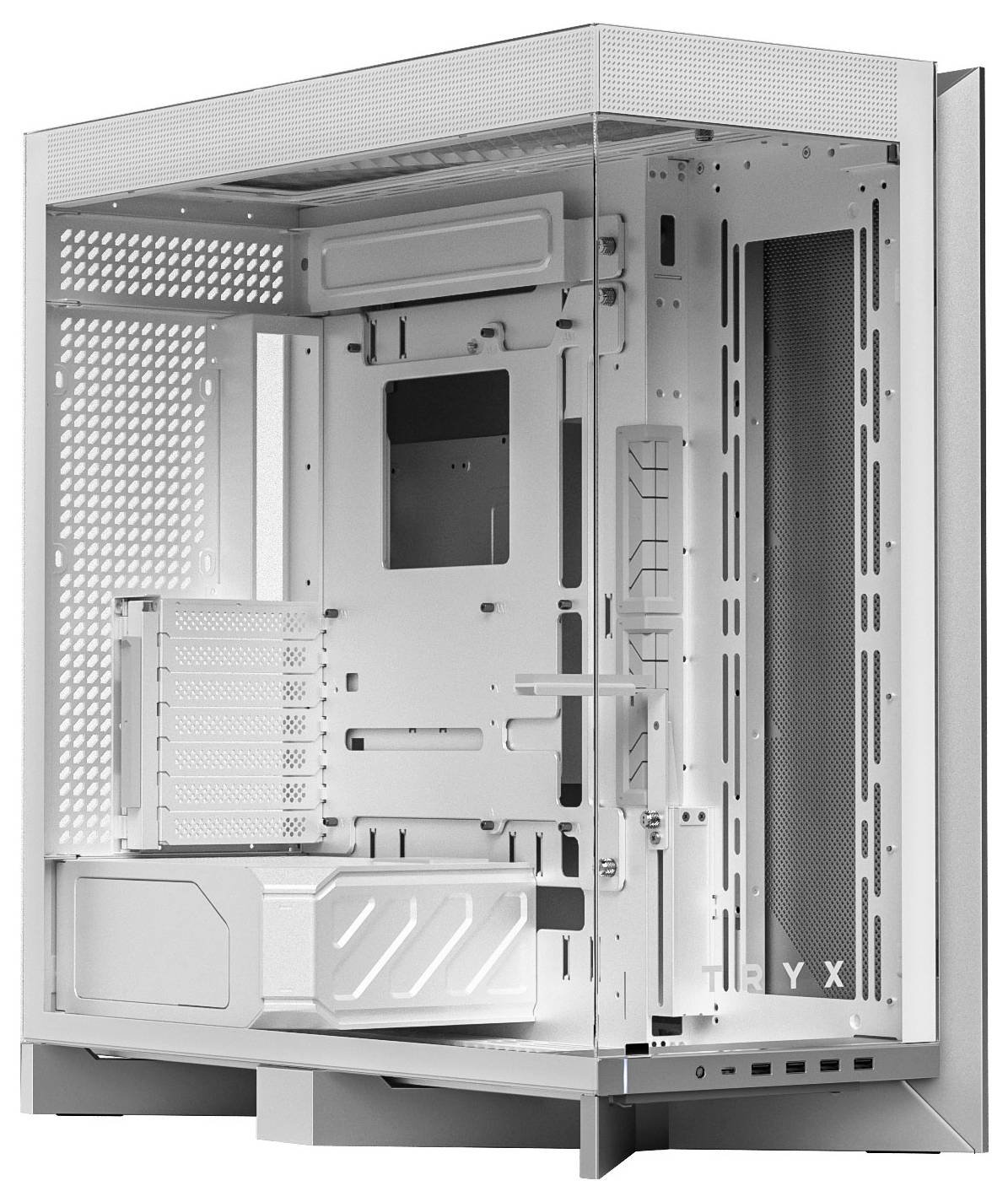 Ein weißes Computergehäuse mit mehreren Lüftungslöchern, Innenslots für Komponenten und transparenter Verkleidung für Einblicke ins Gehäuseinnere.