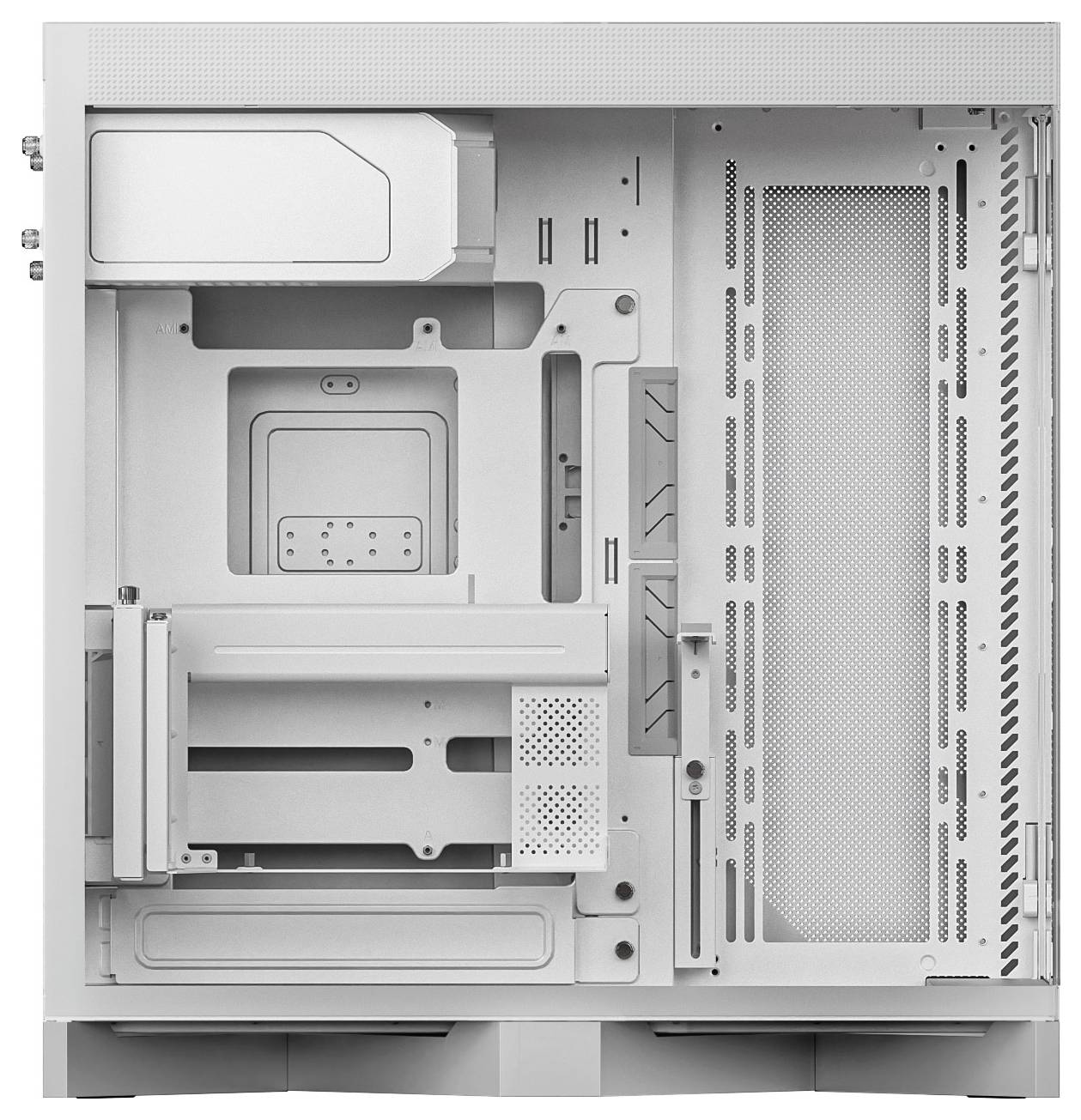 Ein weißes Computer-Tower-Gehäuse mit offener Seite, das das innere Layout für Komponenten, Lüftermontagen und Kabelmanagement-Funktionen präsentiert.