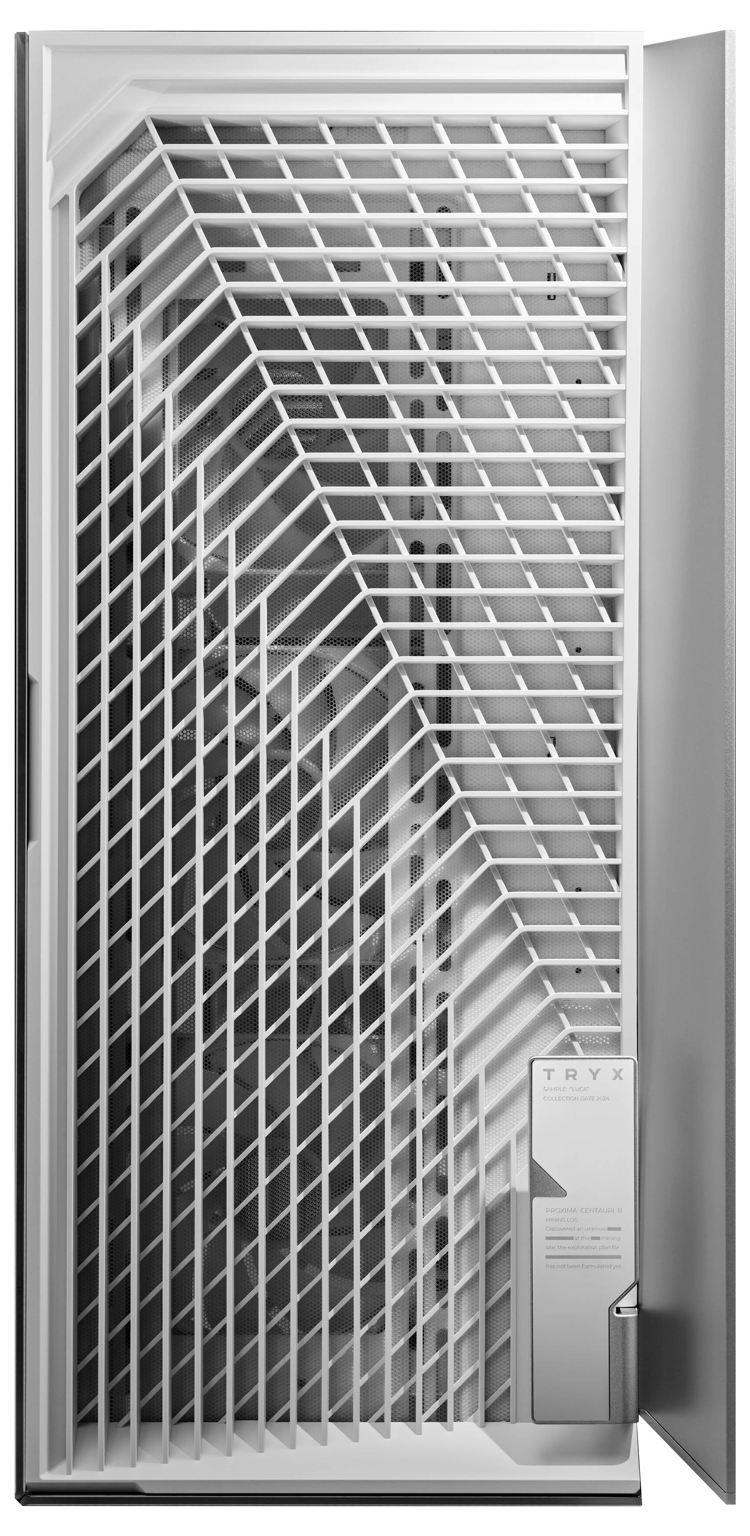 Ein weißer, vertikaler Metallschrank mit gitterartigem Türdesign und einem kleinen Bedienfeld an der Seite.