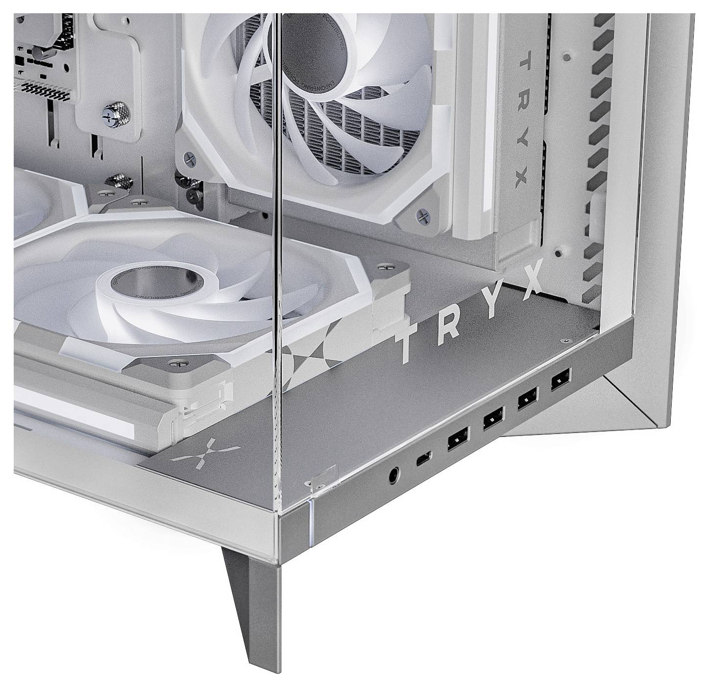 Ein Computertower mit Seitenglasfenster, der interne Kühlventilatoren zeigt und ein schlankes Design mit dem Wort TRYX am Rahmen präsentiert.