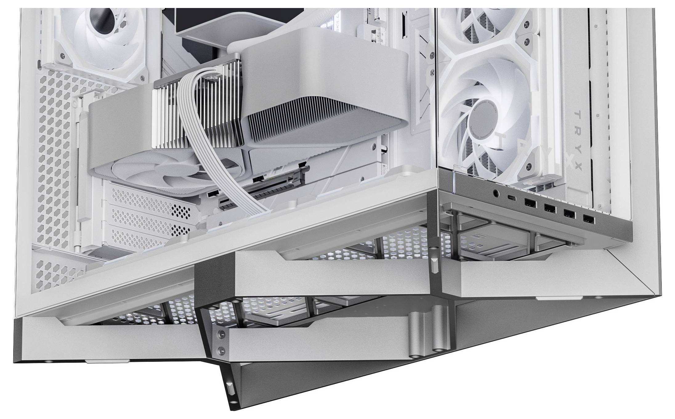 Eine Nahaufnahme eines Computergehäuses mit weißen Lüftern, einem großen Kühlkörper und mehreren sichtbaren Anschlüssen.