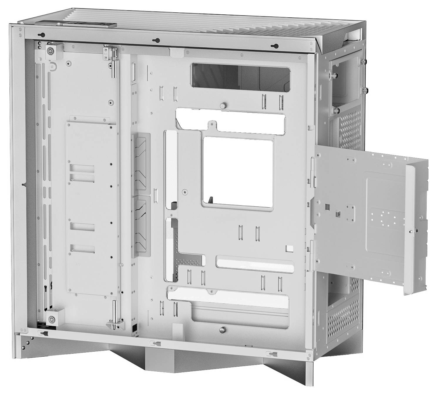 Ein Computergehäuse mit einer offenen Seitenklappe, das einen geräumigen Innenraum für Komponenten wie ein Mainboard und Laufwerke zeigt, mit Kabelmanagement-Schlitzen.
