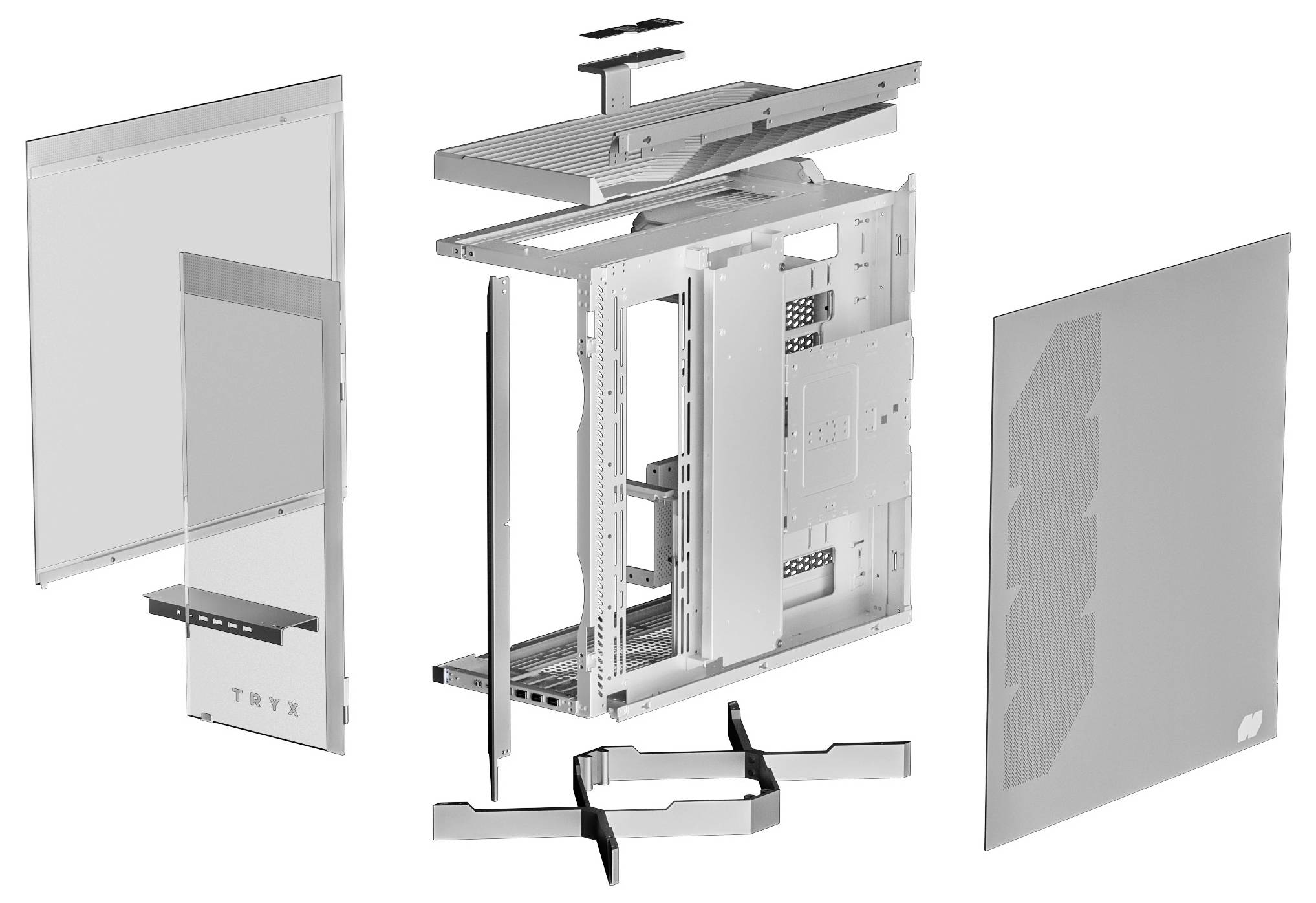 Explosionszeichnung eines Computergehäuses mit separaten Panels und strukturellen Komponenten, die Innenelemente und Montageanordnung hervorheben.
