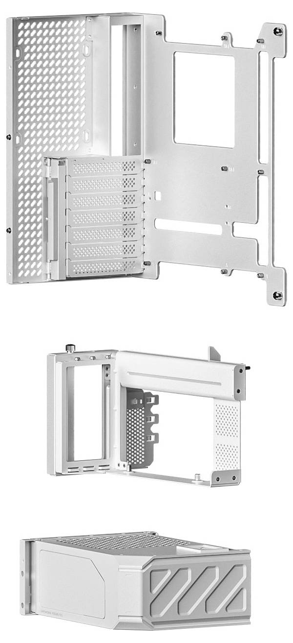 Ein silberner Computergehäuserahmen mit Lüftungsschlitzen, mehreren Erweiterungssteckplätzen und einem Abteil für zusätzliche Komponenten.