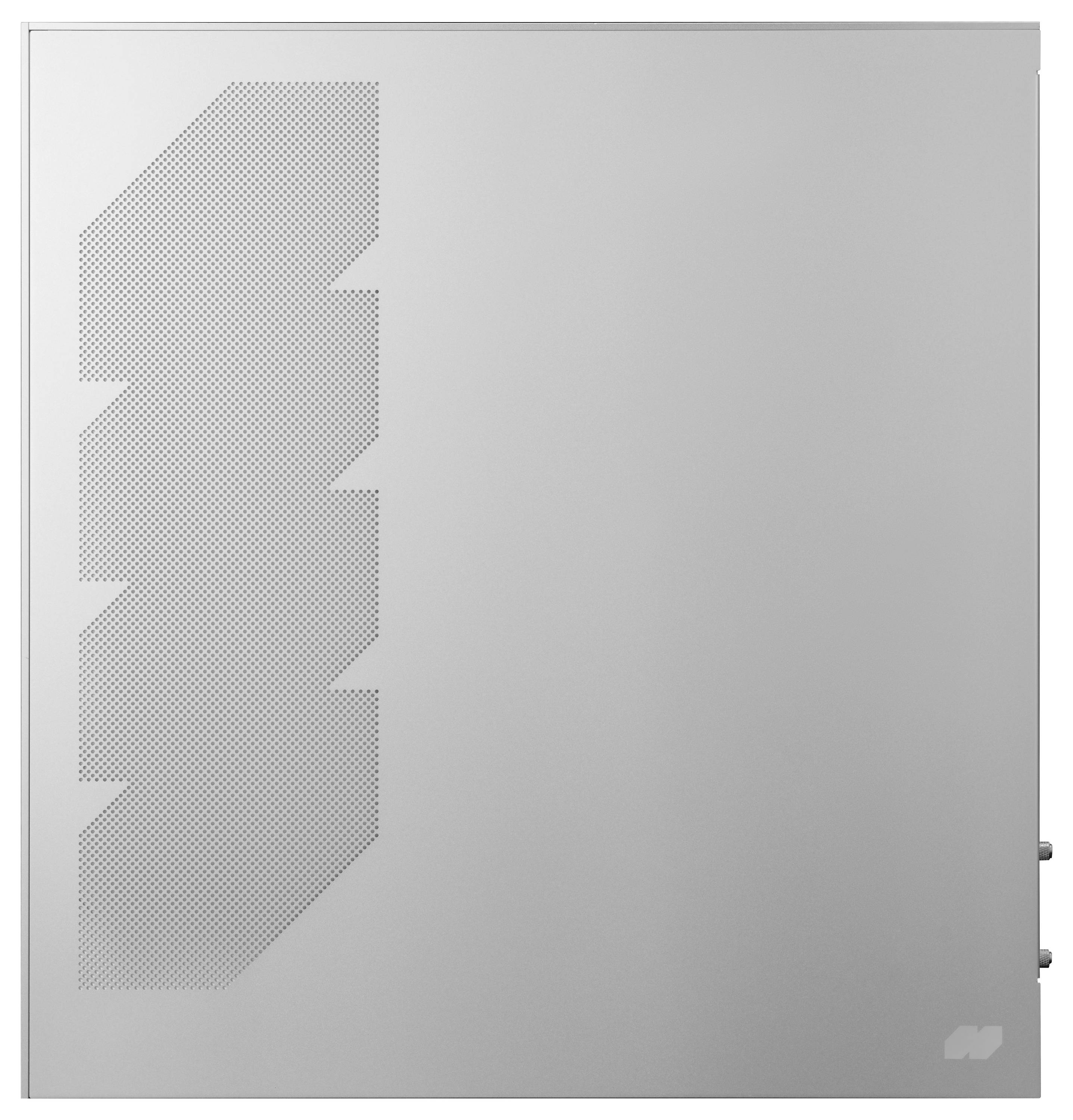 Ein minimalistisches, hellgraues Seitenteil eines Computergehäuses mit einem geometrischen Lüftungsmuster auf der linken Seite, ohne sichtbare Griffe oder Markierungen.