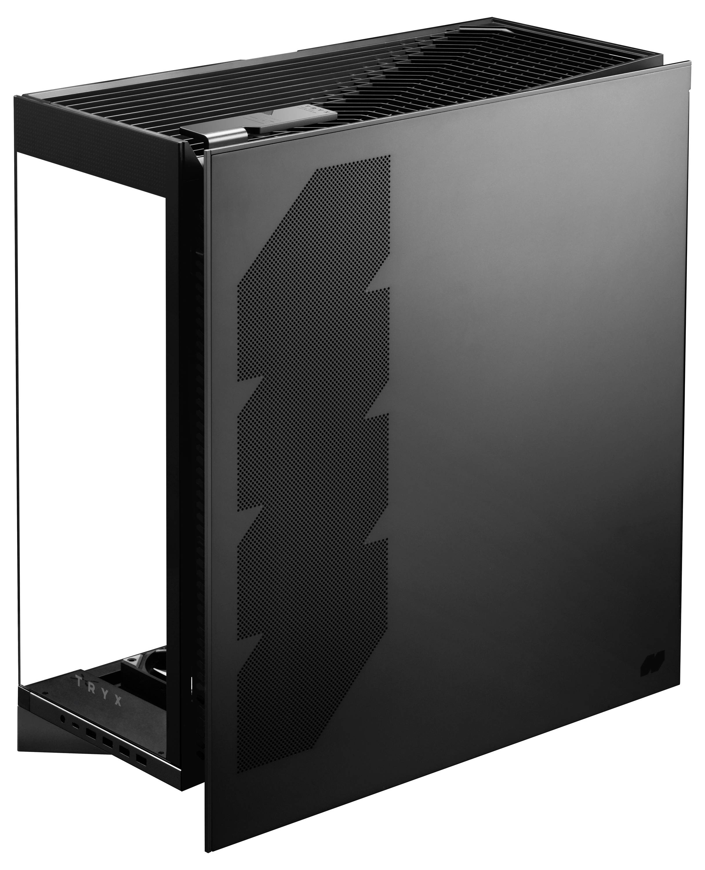 Ein schlankes, modernes schwarzes Computergehäuse mit einem Seitenpanel, das markante geometrische Lüftungsschlitze für die Luftzirkulation aufweist, entwickelt für High-Performance-PC-Builds.