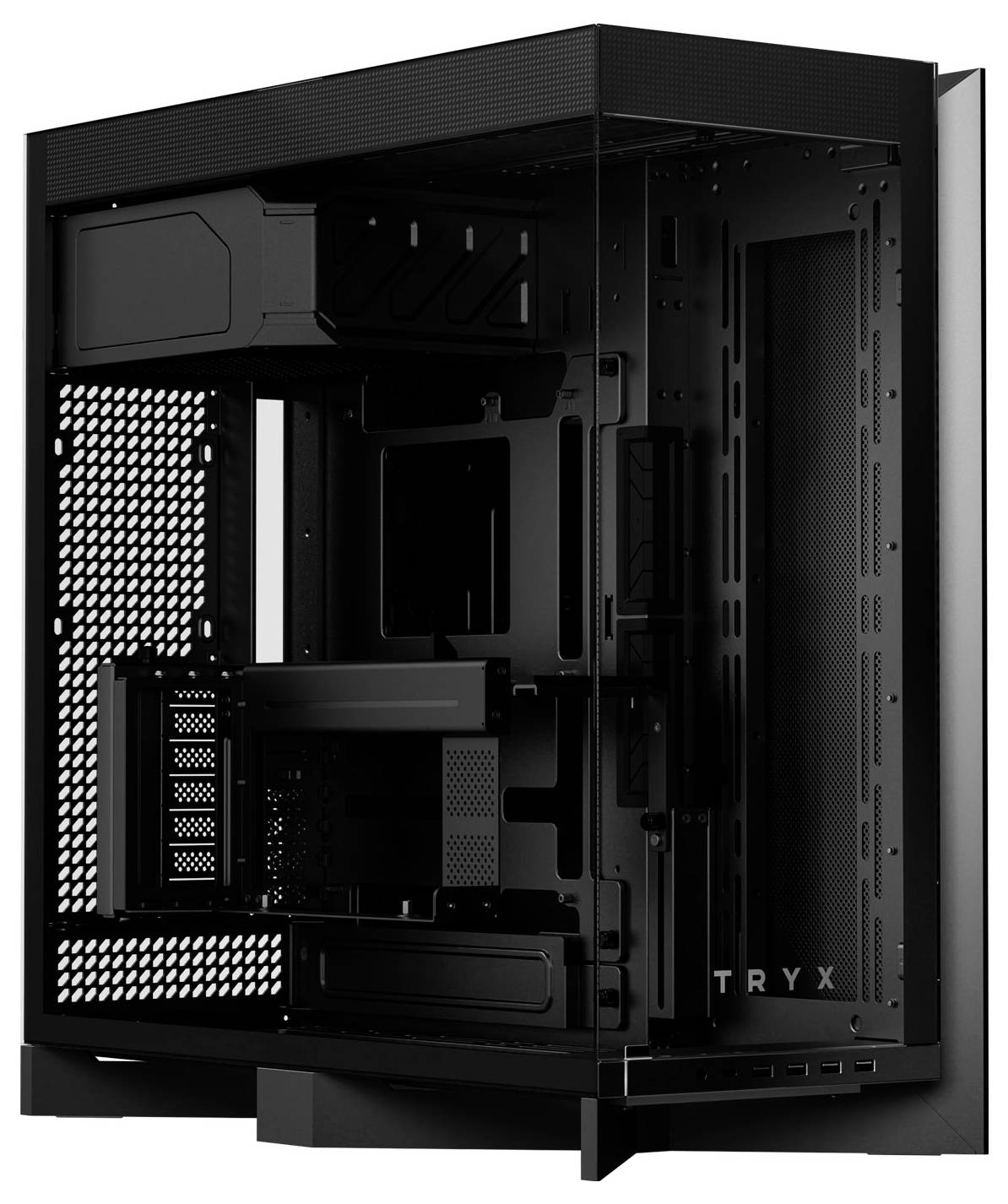 Ein schwarzes Computer-Tower-Gehäuse mit minimalistischem Design und transparenter Seitenscheibe, das mehrere Kammern für Komponenten zeigt.