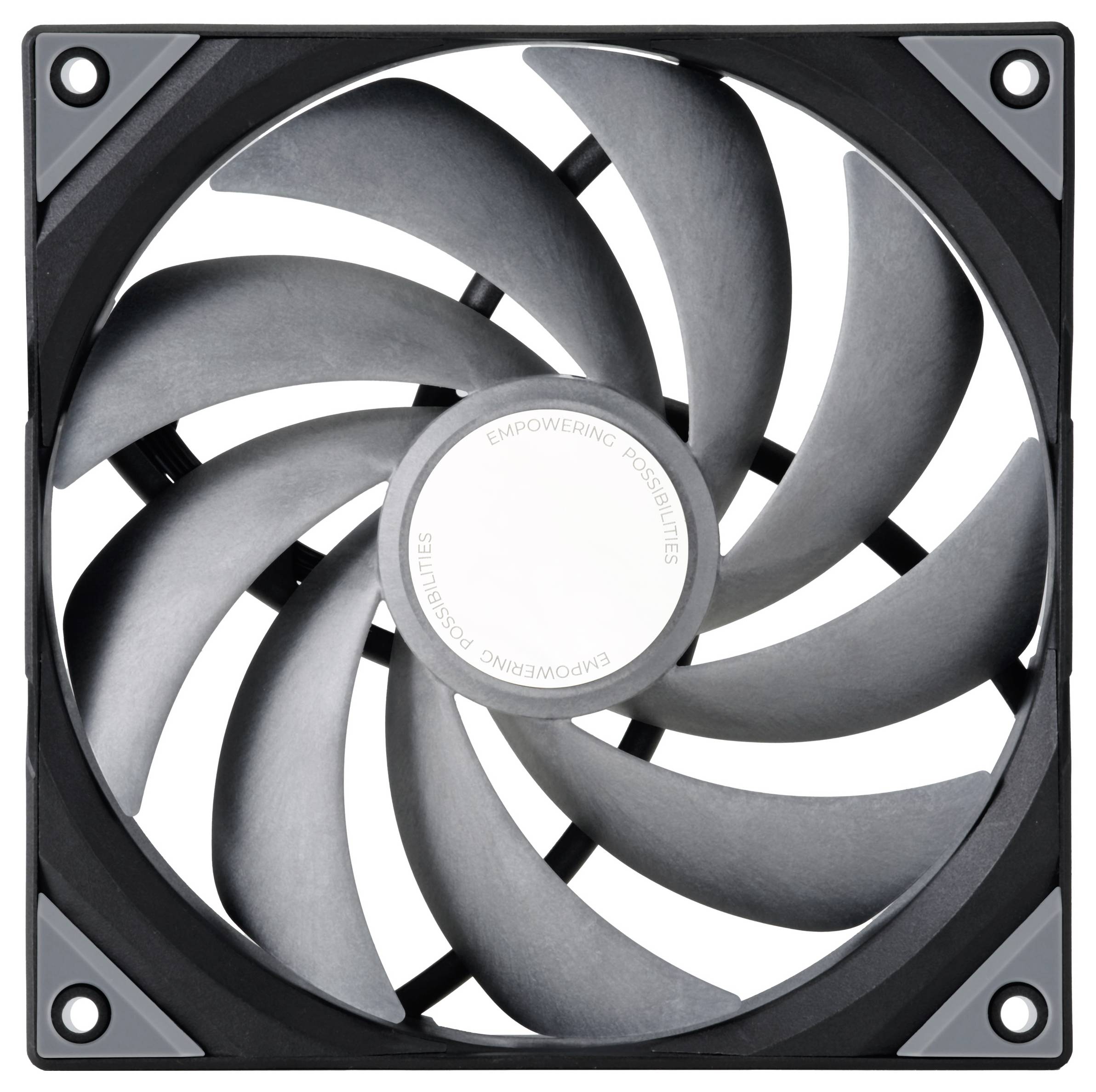 Ein Computerlüfter mit neun gekrümmten Rotorblättern um einen zentralen Mittelpunkt, eingeschlossen in einen quadratischen Rahmen, der zur Kühlung von elektronischen Komponenten verwendet wird.