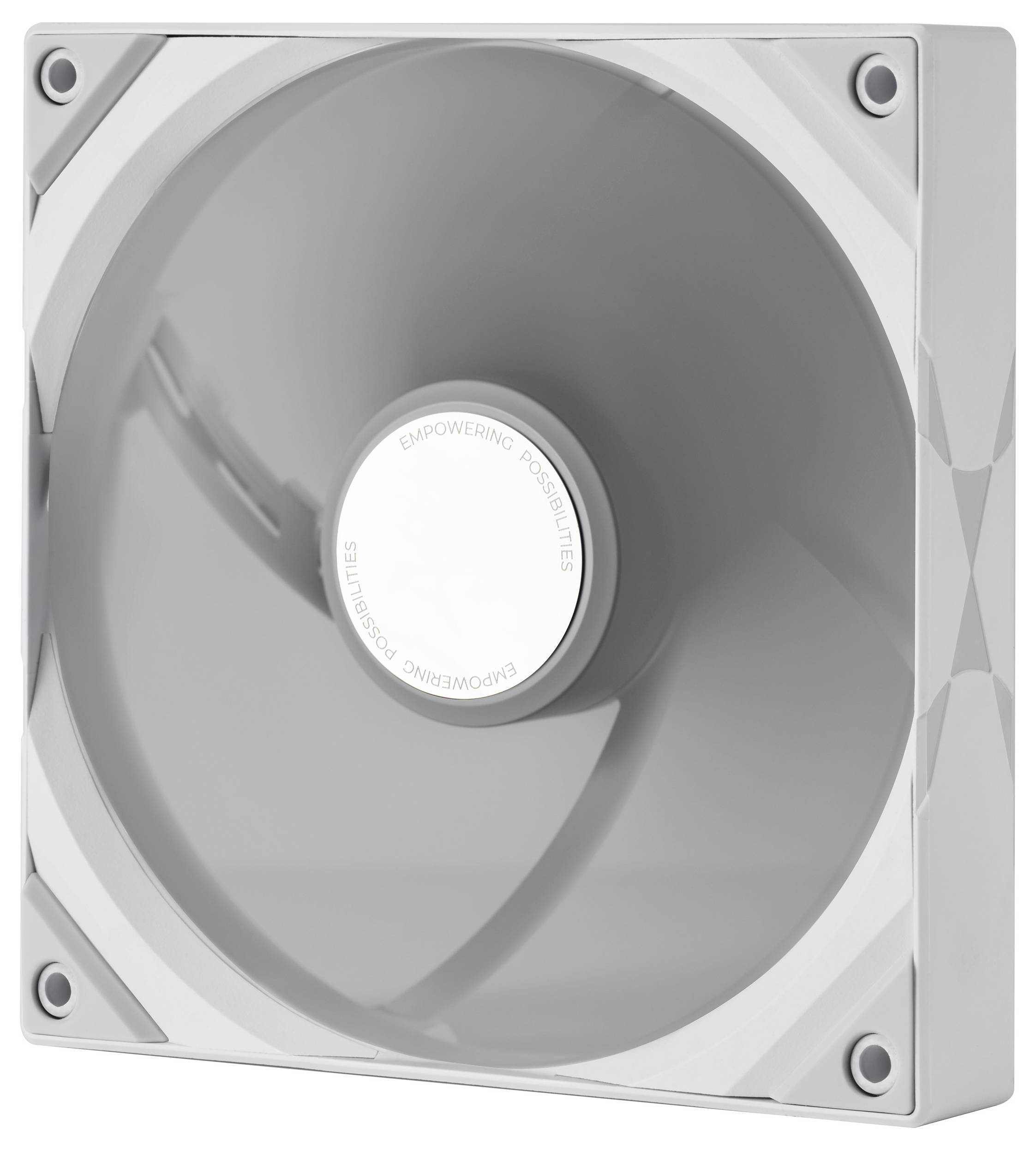 Ein quadratischer Computer-Gehäuselüfter mit einer grauen Klinge und weißem Rahmen, der einen kreisförmigen Nabe mit der Aufschrift 