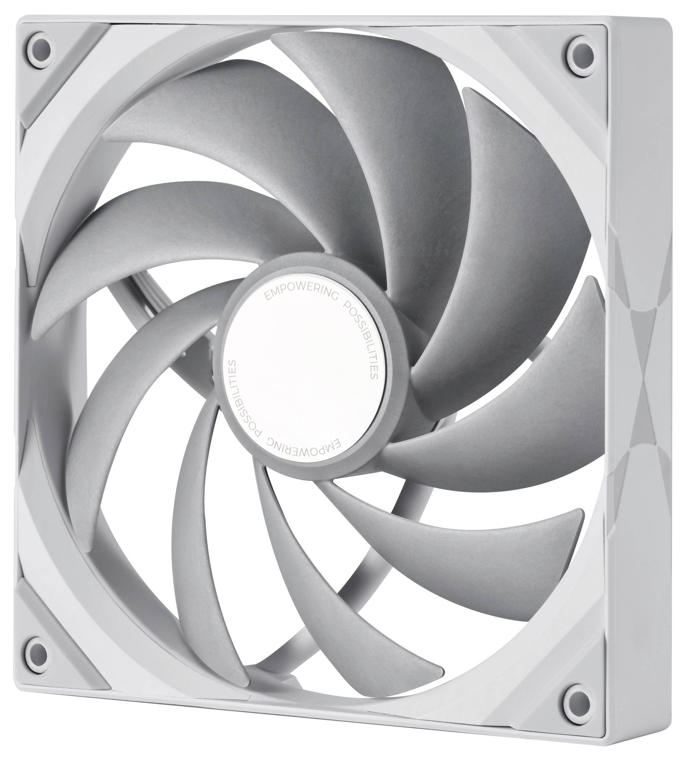 Ein Computerlüfter mit einem weißen Rahmen und grauen Rotorblättern, der ein Design für effiziente Luftzirkulation in elektronischen Geräten zeigt.
