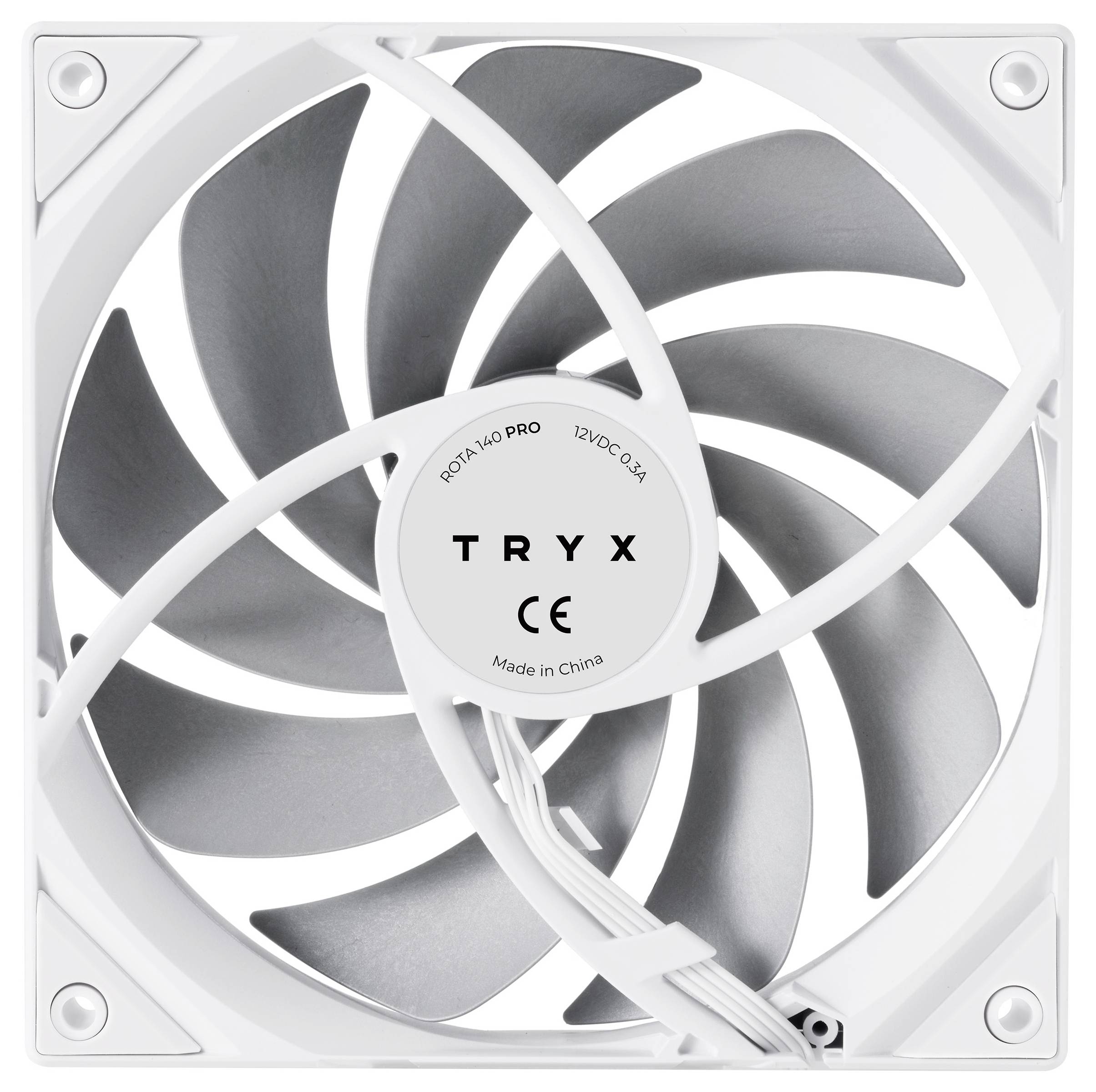 Ein weißer Computer-Kühlventilator mit gebogenen Rotorblättern und einer zentralen Beschriftung, die 