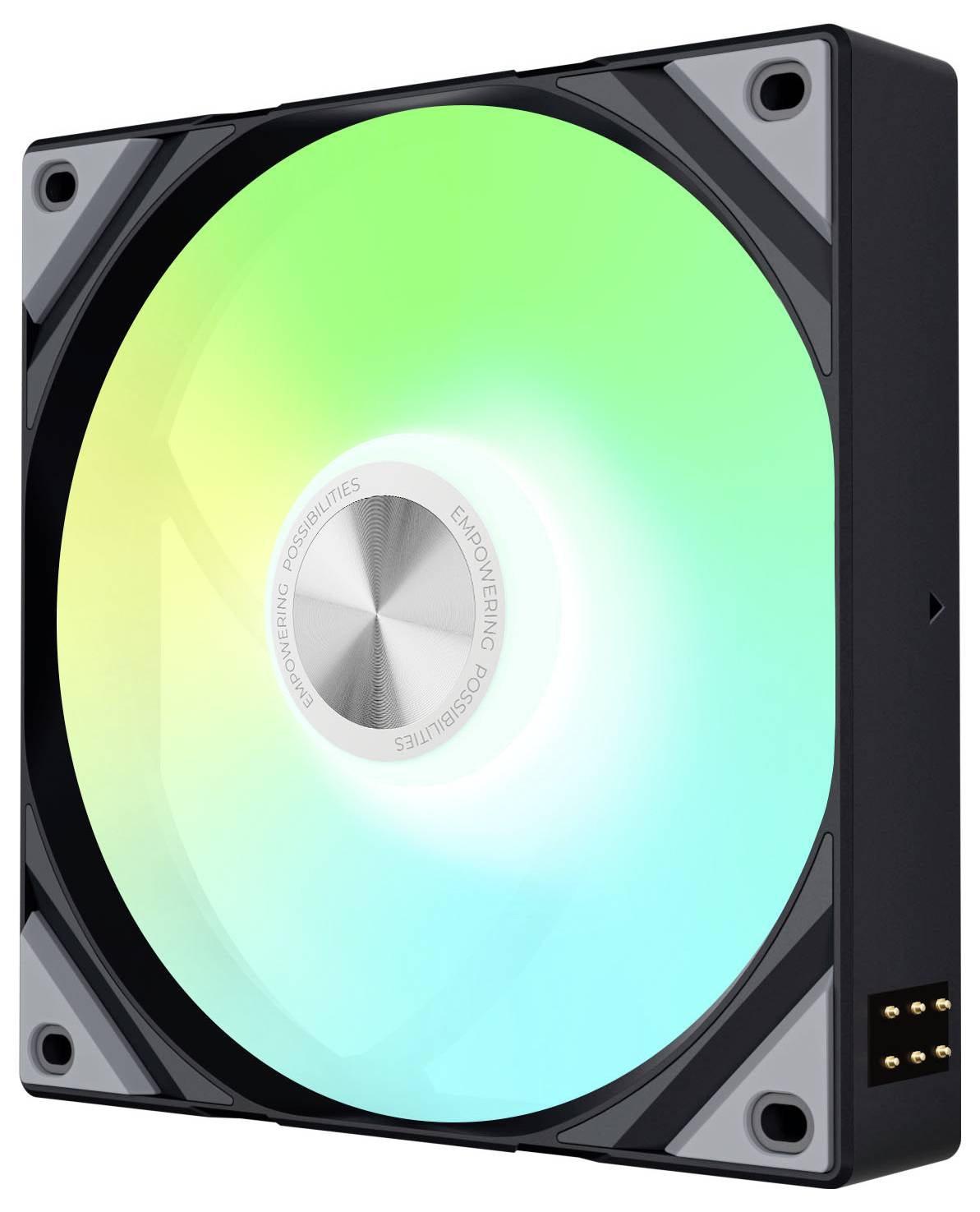 Computer-Kühlventilator mit quadratischem Rahmen, ausgestattet mit RGB-LED-Beleuchtung in grün-blauen Farbtönen, entwickelt für Wärmemanagement und ästhetische Attraktivität.