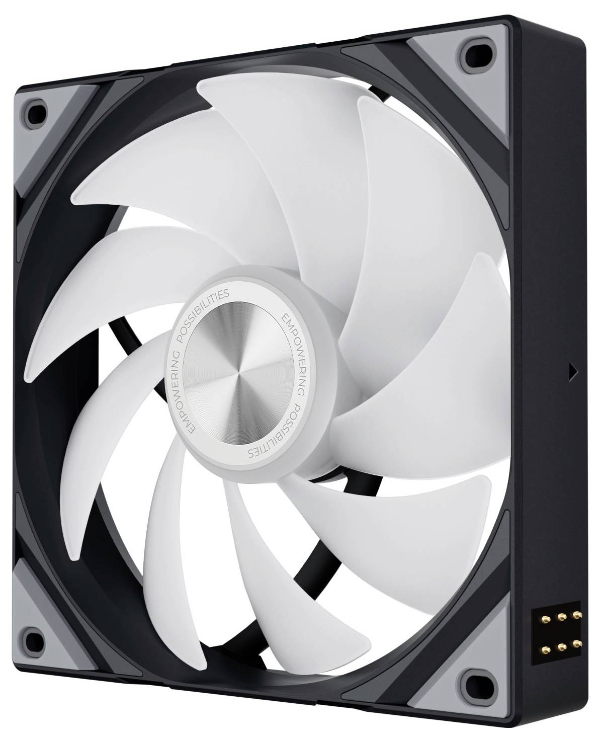 Ein weißer Computer-Kühlventilator mit neun Rotorblättern, untergebracht in einem schwarzen quadratischen Rahmen, mit dem Text 