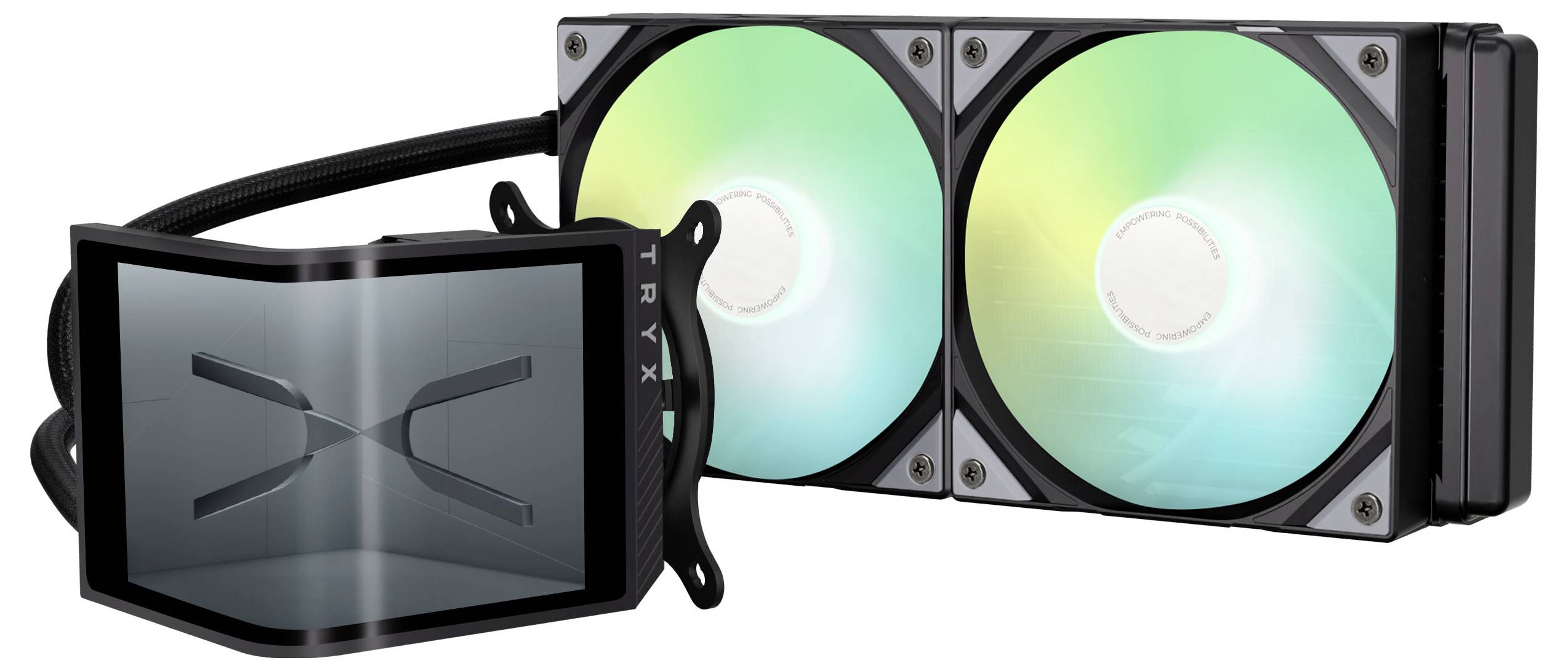 Ein Flüssigkeitskühler für CPUs mit zwei Lüftern und RGB-Beleuchtung, der ein elegantes schwarzes Design und ein integriertes Display besitzt und zur Kühlung von Computern verwendet wird.