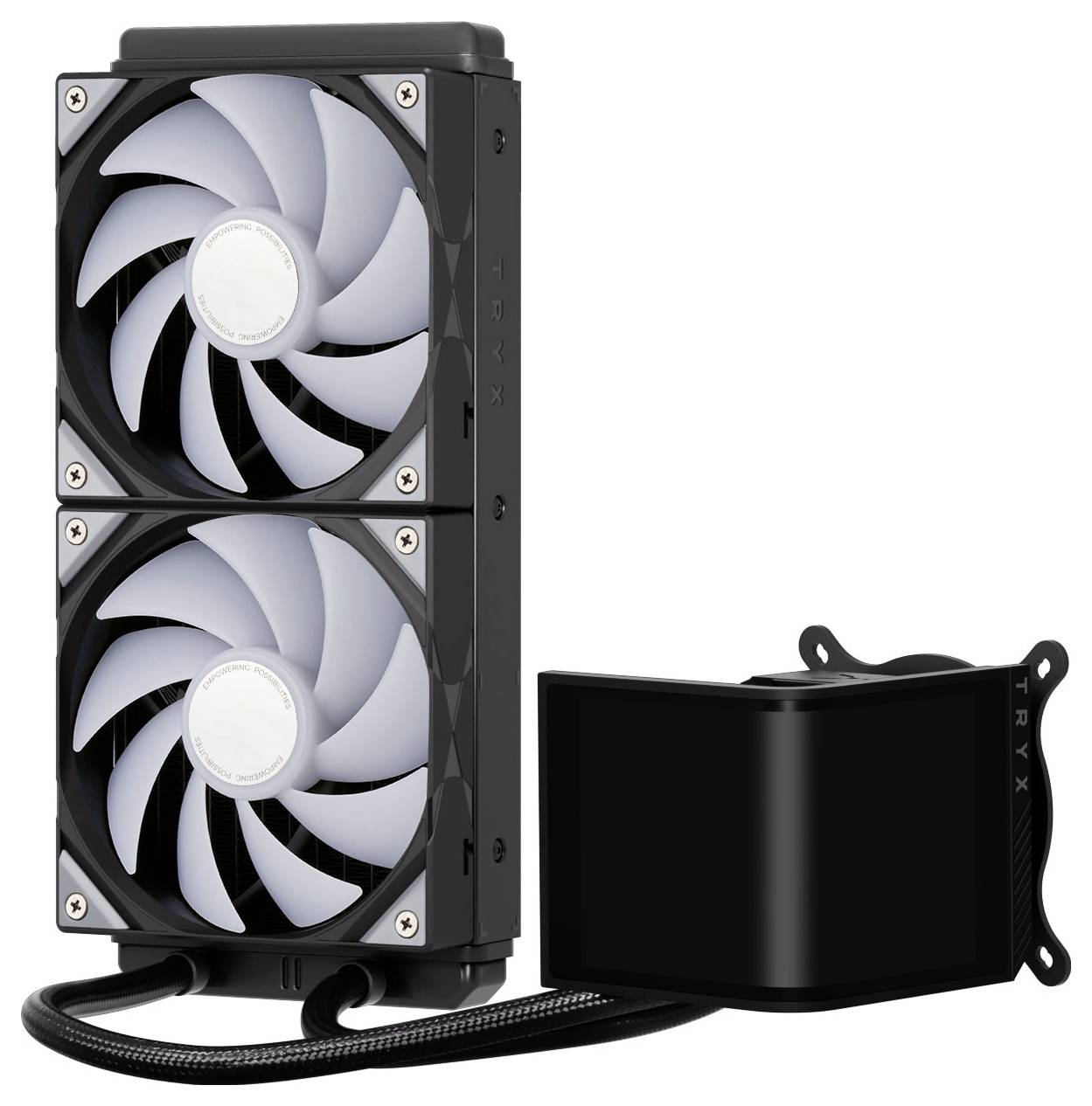 Ein Dual-Lüfter-Flüssigkeitskühler mit zwei großen Lüftern, die vertikal auf einem Kühler montiert sind und über flexible Schläuche mit einer Pumpeinheit verbunden sind.