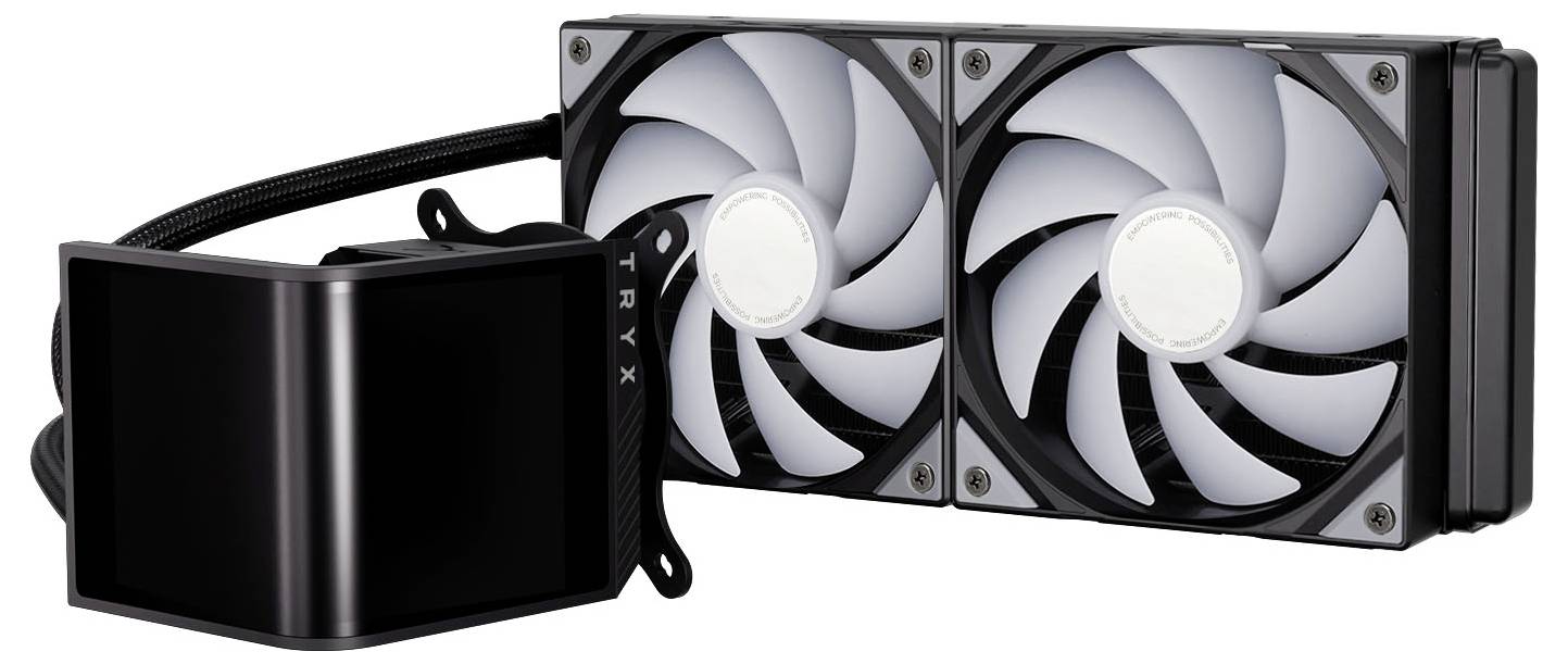 Ein Flüssigkühlsystem für Computer mit zwei Lüftern und einem eleganten schwarzen Kühler, der darauf ausgelegt ist, die Wärme von der CPU effizient abzuleiten.